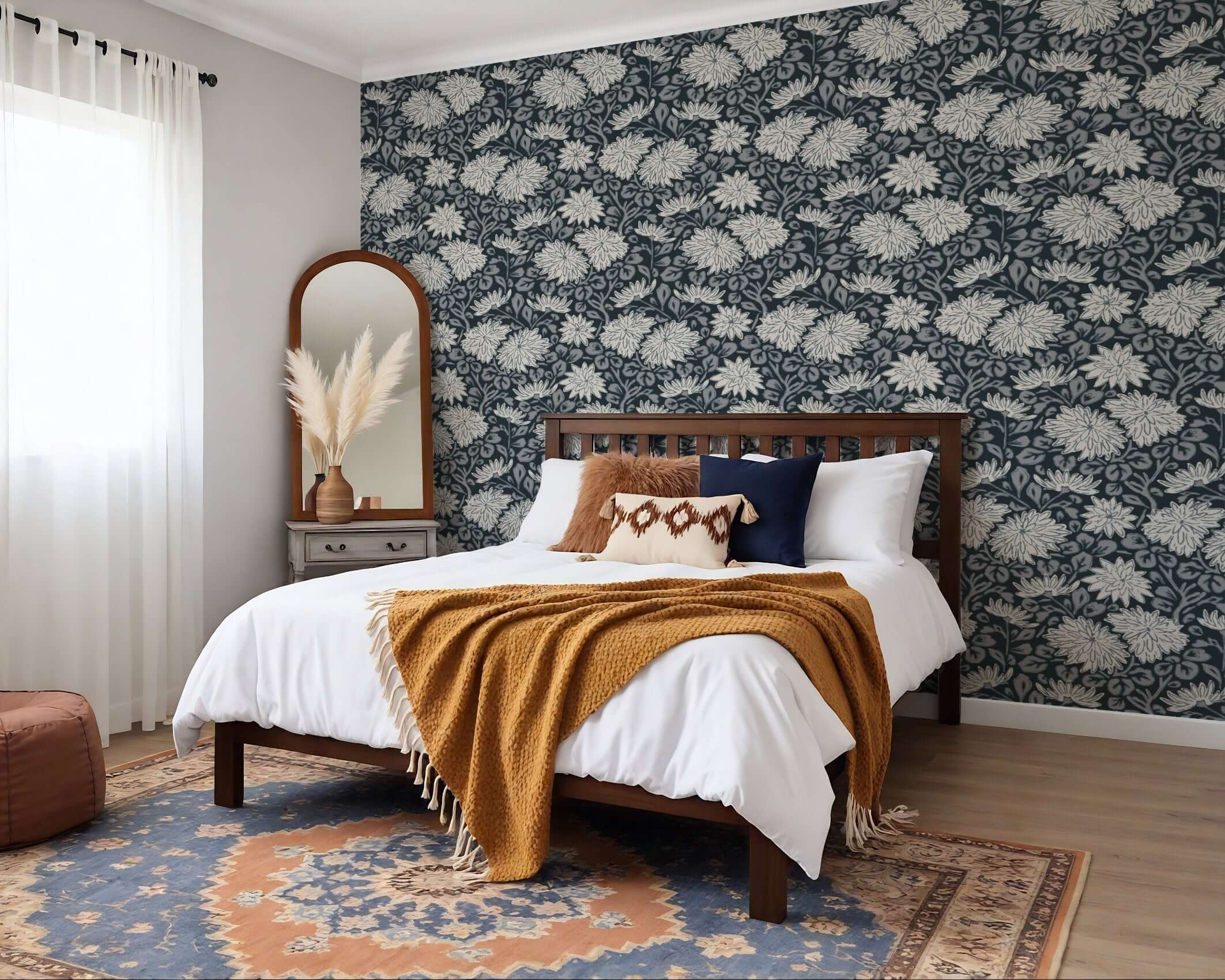 Stylish bedroom featuring floral wallpaper ideas, wood bed, and cozy decor elements.