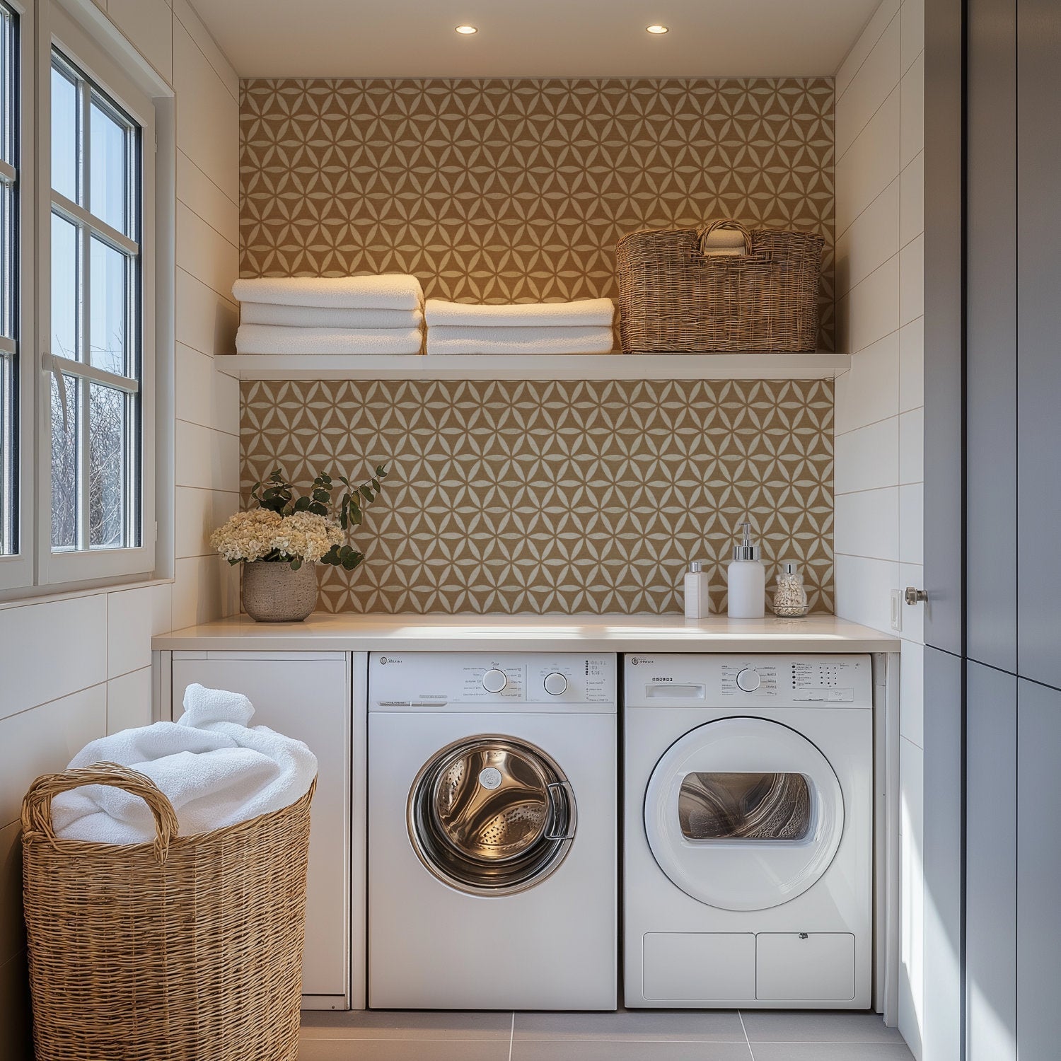 Laundry room with tan brown sacred geometric wallpaper in style, featuring modern appliances and natural decor.