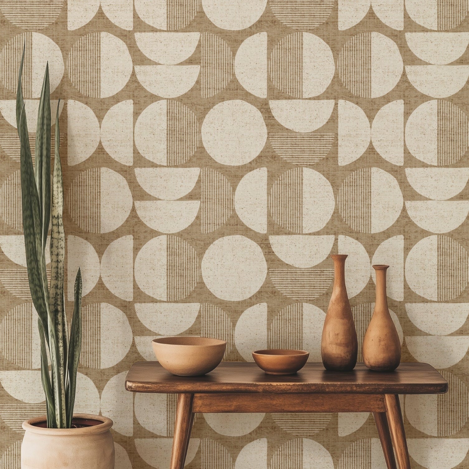 Mid-century modern geometric wallpaper in a contemporary kitchen with gas hob, wooden cabinets, and neutral décor.