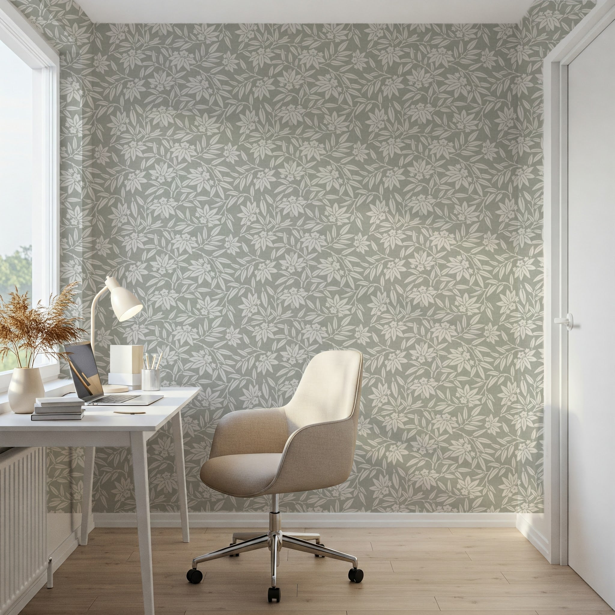 Light grey Japandi floral wallpaper in a modern home office with white desk, swivel chair, and natural light from large