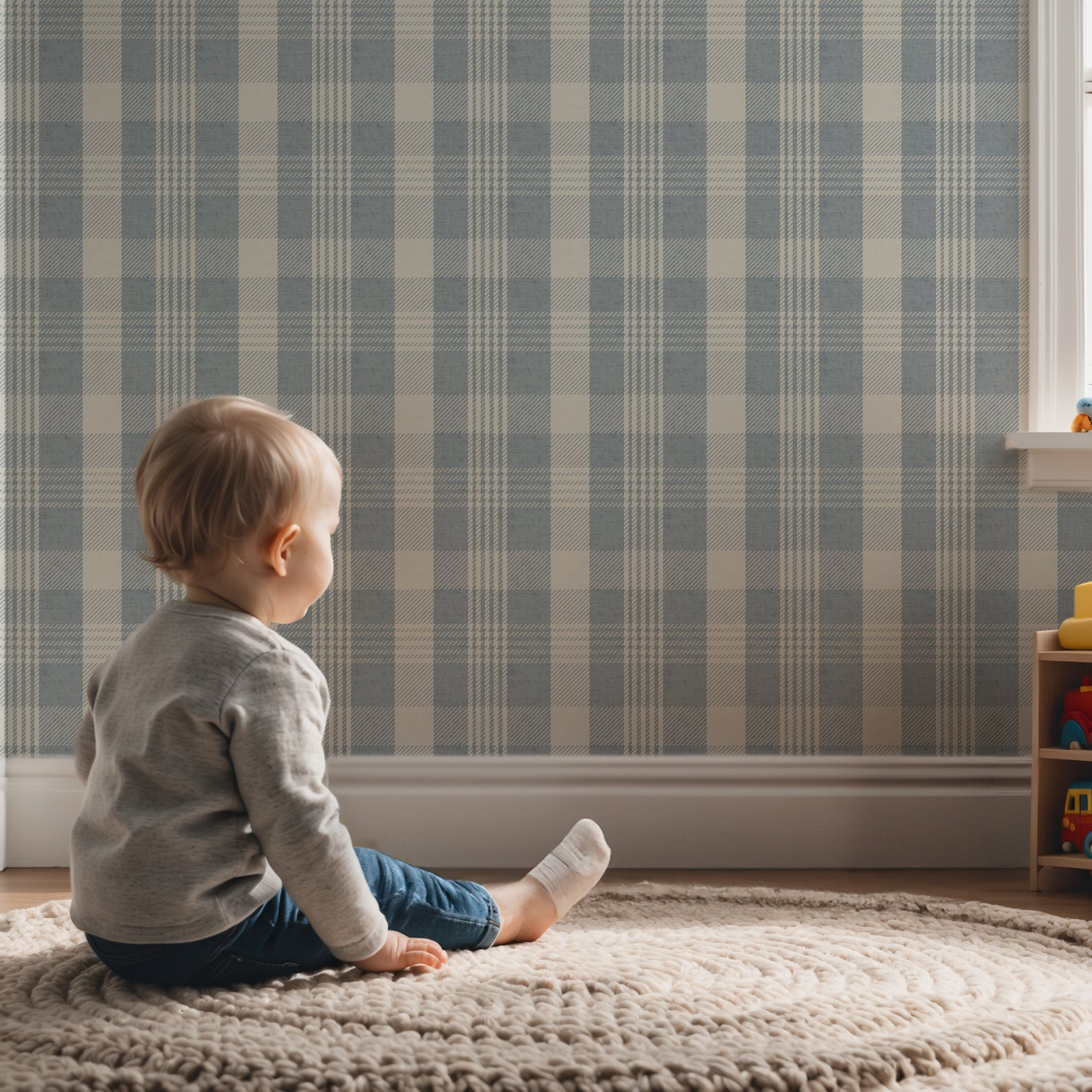 Blue plaid wallpaper in a nursery with toddler sitting on a round rug and wooden toy shelf.