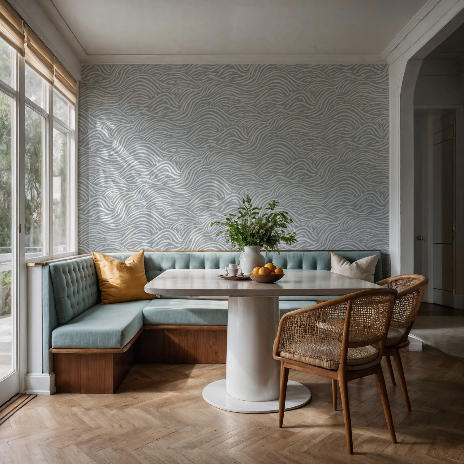 Blue coastal wallpaper in a dining nook with corner banquette seating, rattan chairs, and round table.Blue wave pattern wallpaper in a dining nook with corner banquette seating, rattan chairs, and round table.