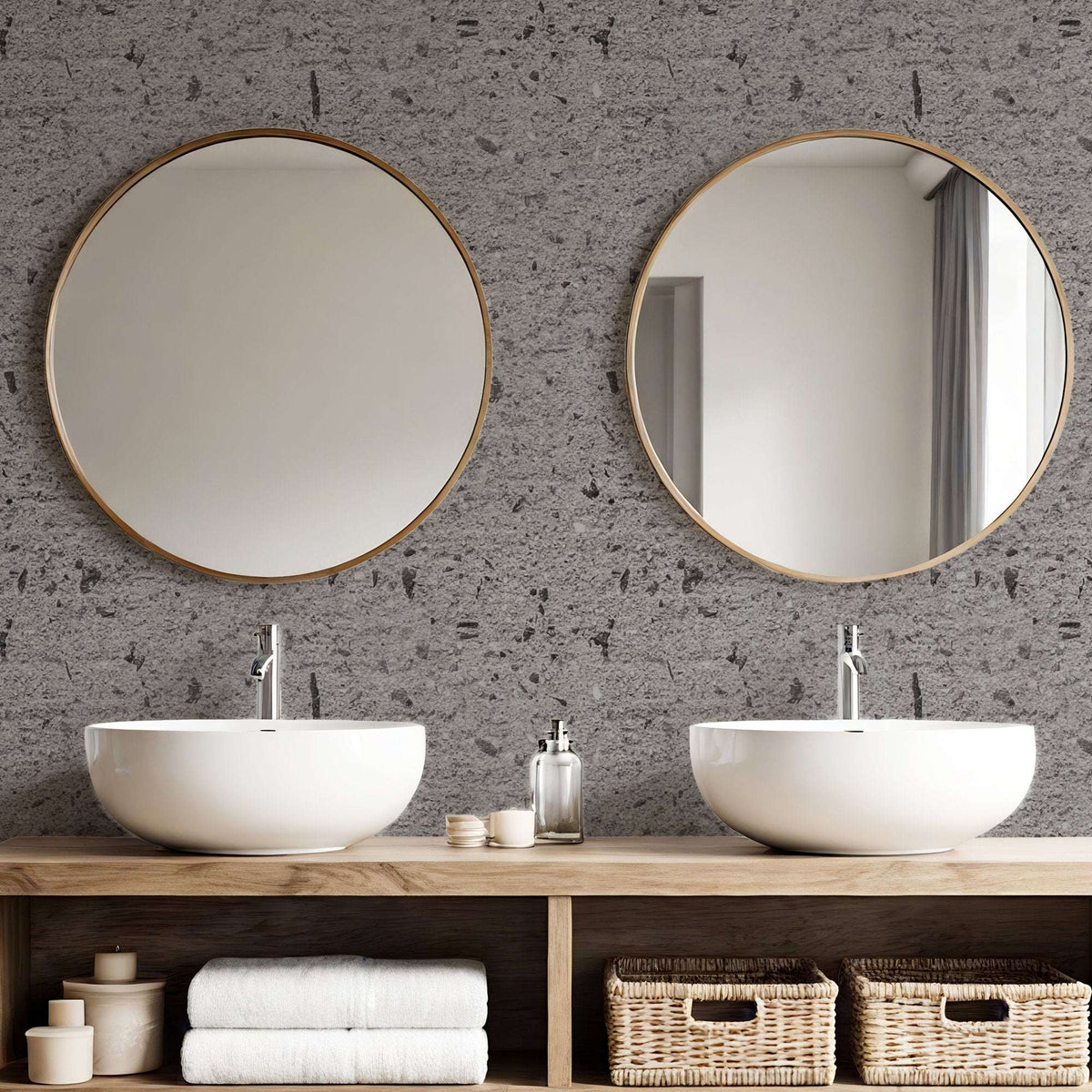 Dark grey concrete effect wallpaper with speckled texture and stone-like pitted marks