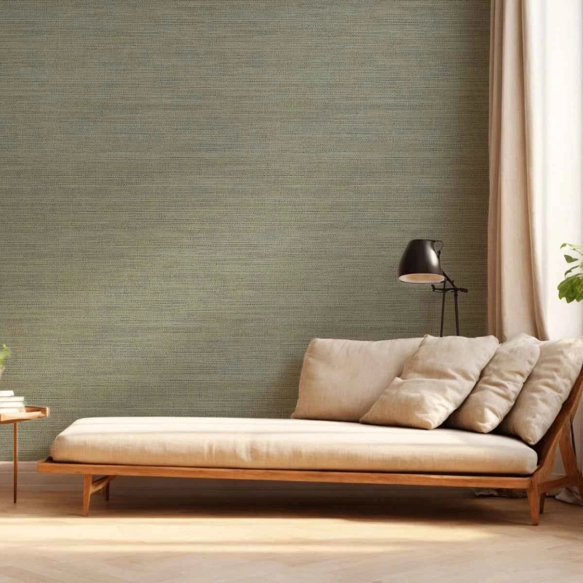 Green Faux Grasscloth Wallpaper in a living room with a chez long - Summer Skye Studio