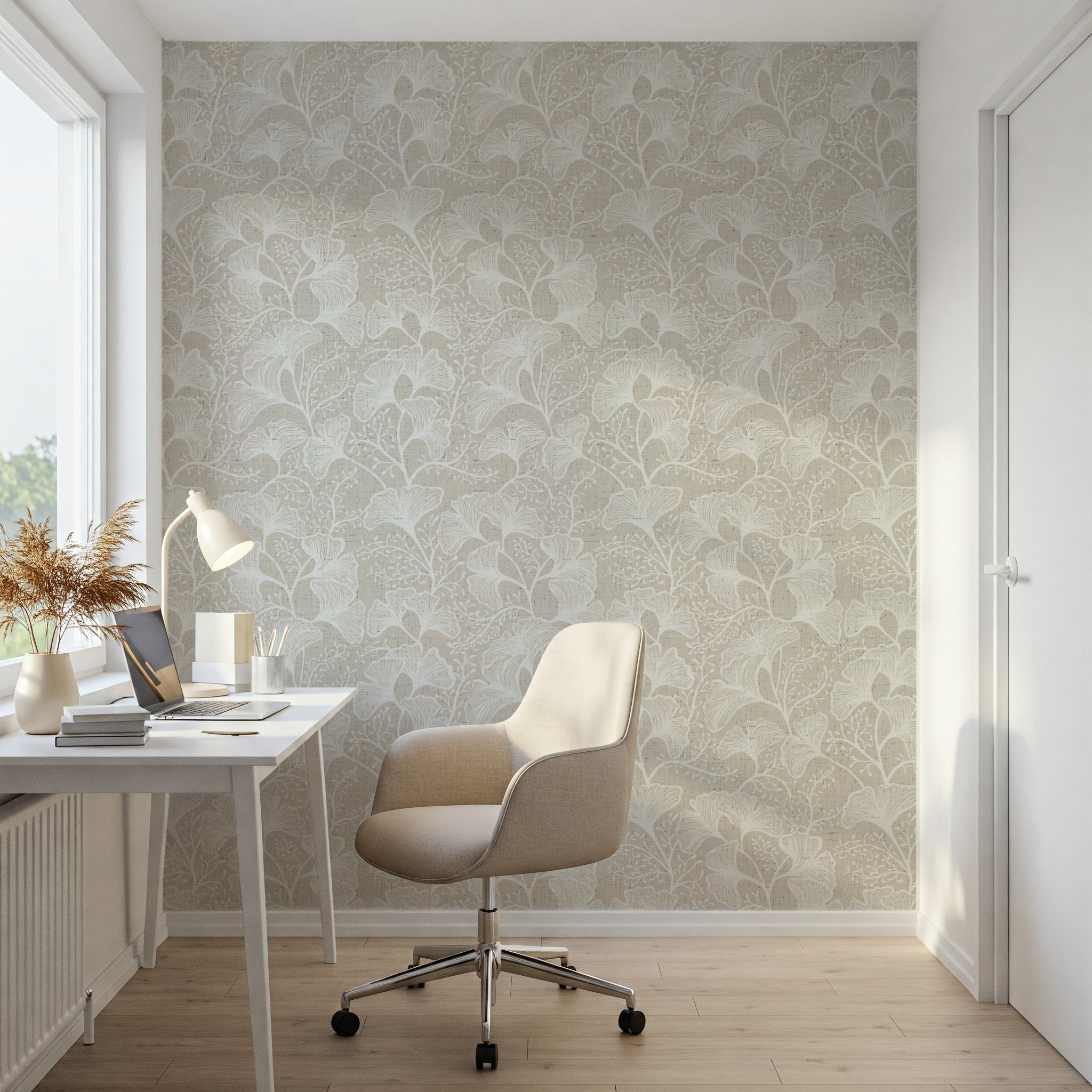 Japandi Wallpaper featuring a botanical pattern in a minimalist home office setting.