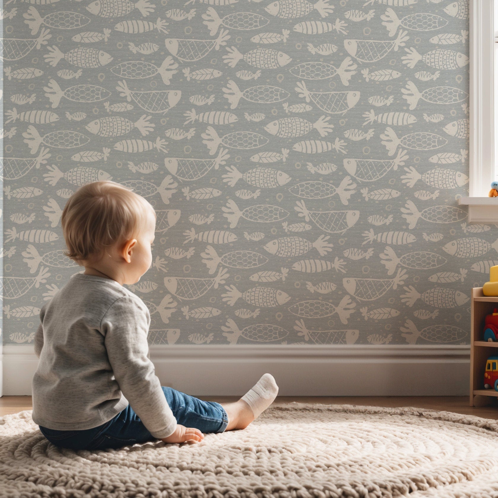 Blue coastal fish nursery wallpaper in a nursery with toddler sitting on a round rug and wooden toy shelf.