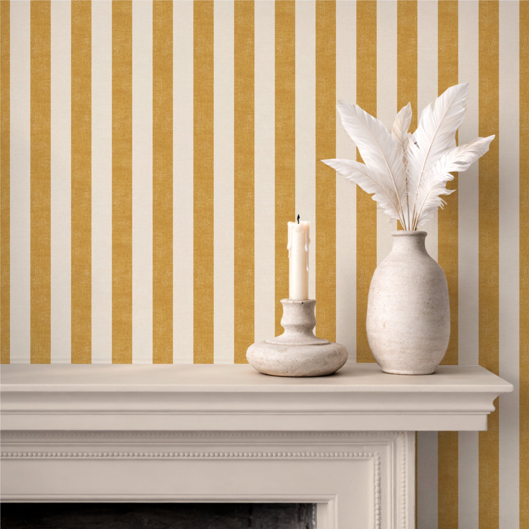 Living room fireplace featuring a yellow wide striped wallpaper pattern on the wall