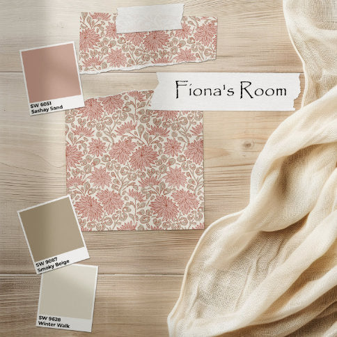New Wallpaper Designs featuring floral pattern samples in Fiona's Room with color palettes.