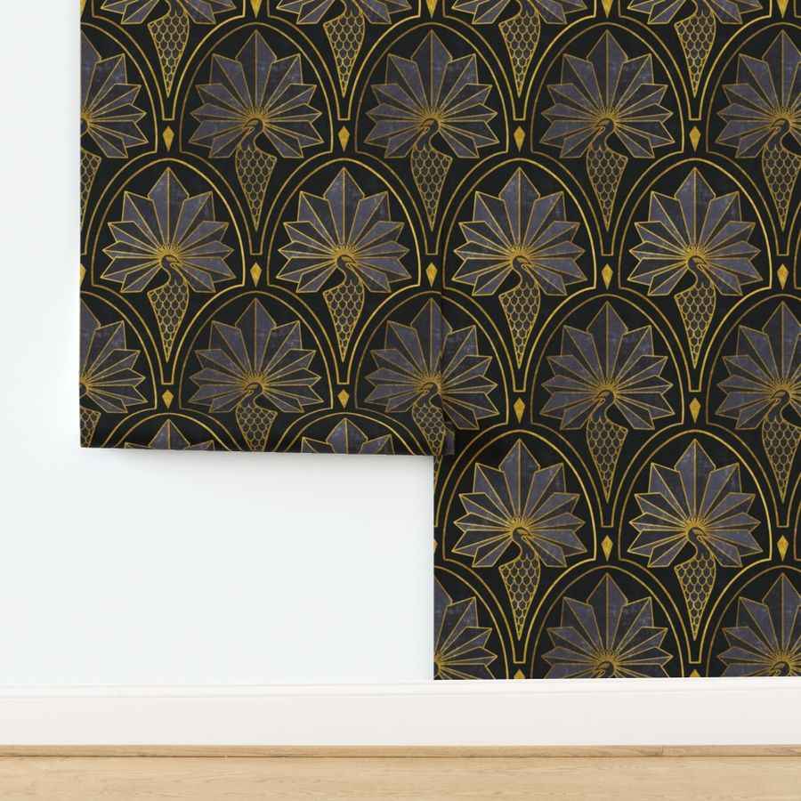 Art Deco Peacock Wallpaper: Gatsby 1920s Vintage Glam. Gold & Silver Luxe Design in Teal, Pink, Blue, Charcoal