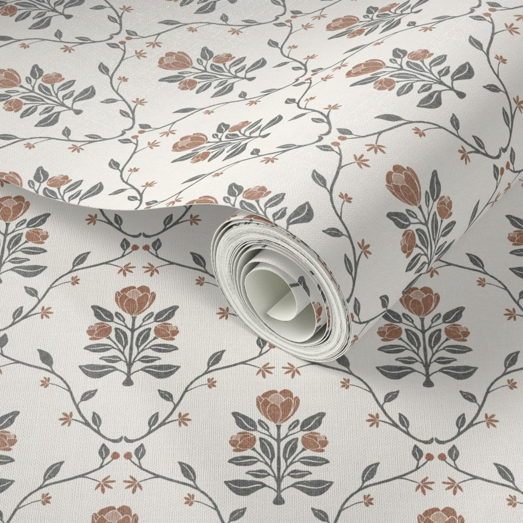 Cottagecore Floral Wallpaper - Vintage Tulip Botanical Design in Dusty Pink & Mustard