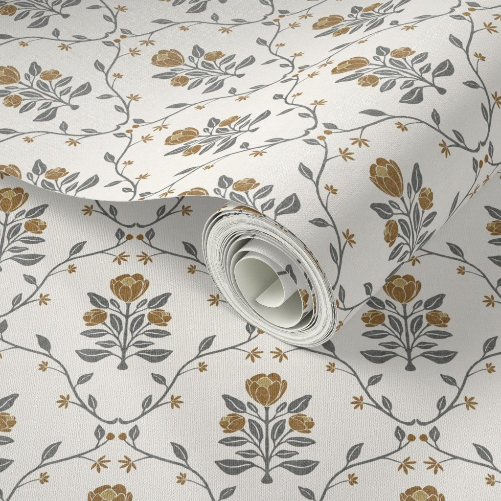 Cottagecore Floral Wallpaper - Vintage Tulip Botanical Design in Dusty Pink & Mustard