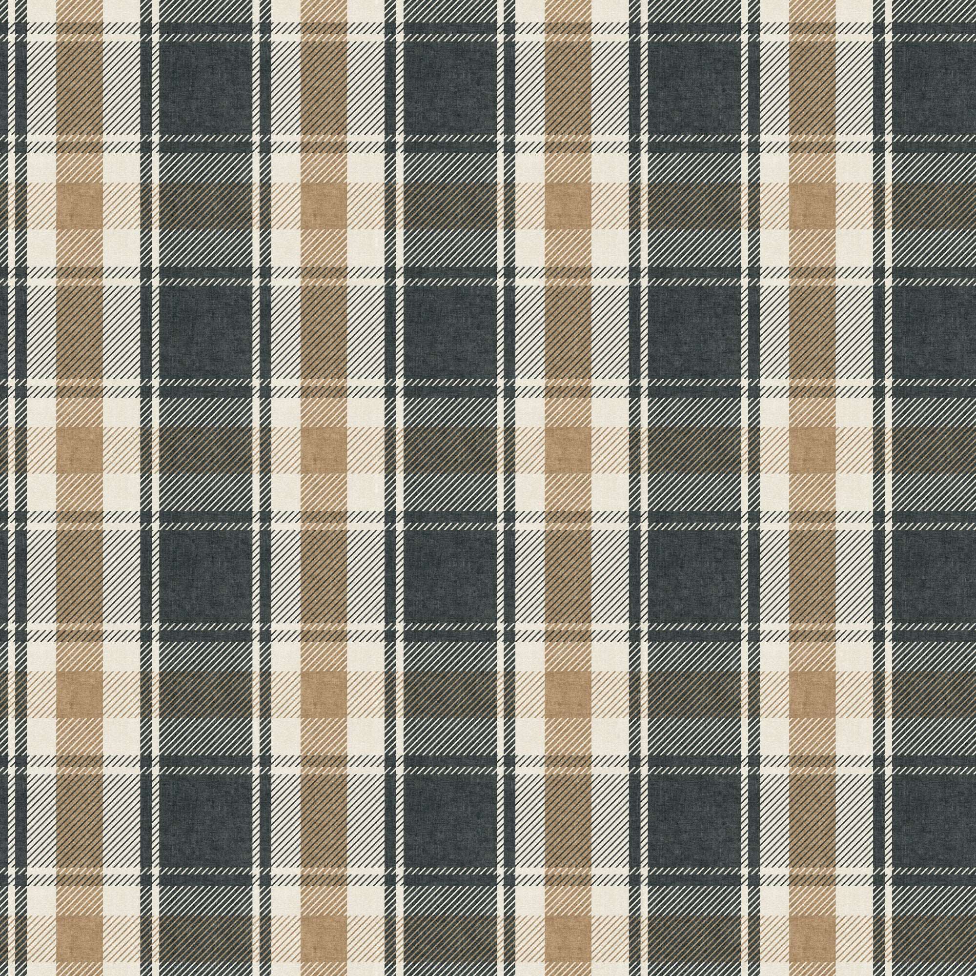 Close-up tartan plaid wallpaper pattern in cream, tan, and dark navy with thin lines