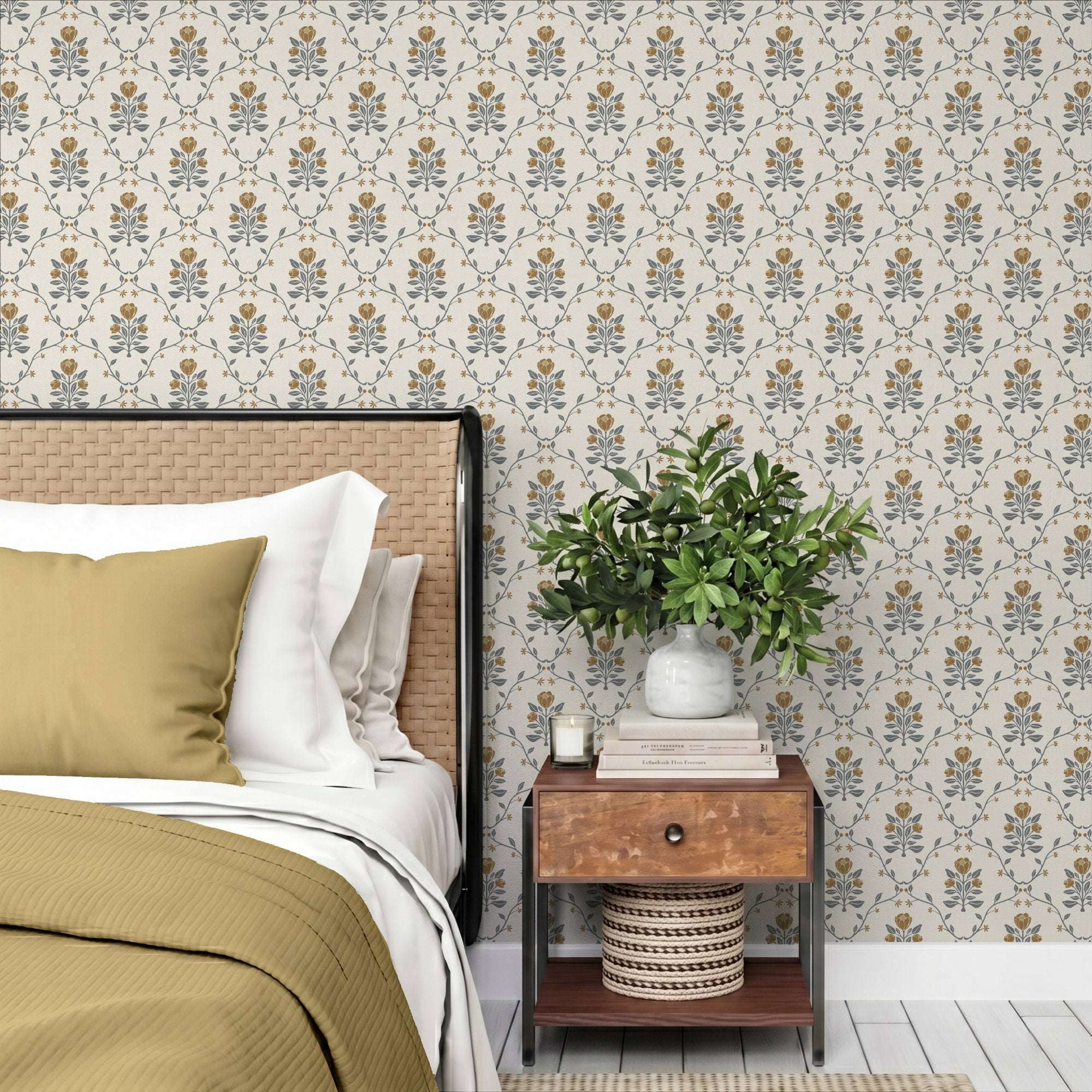 Botanical trellis wallpaper panel with cream background, blue-gray leaves, and gold-toned flowers