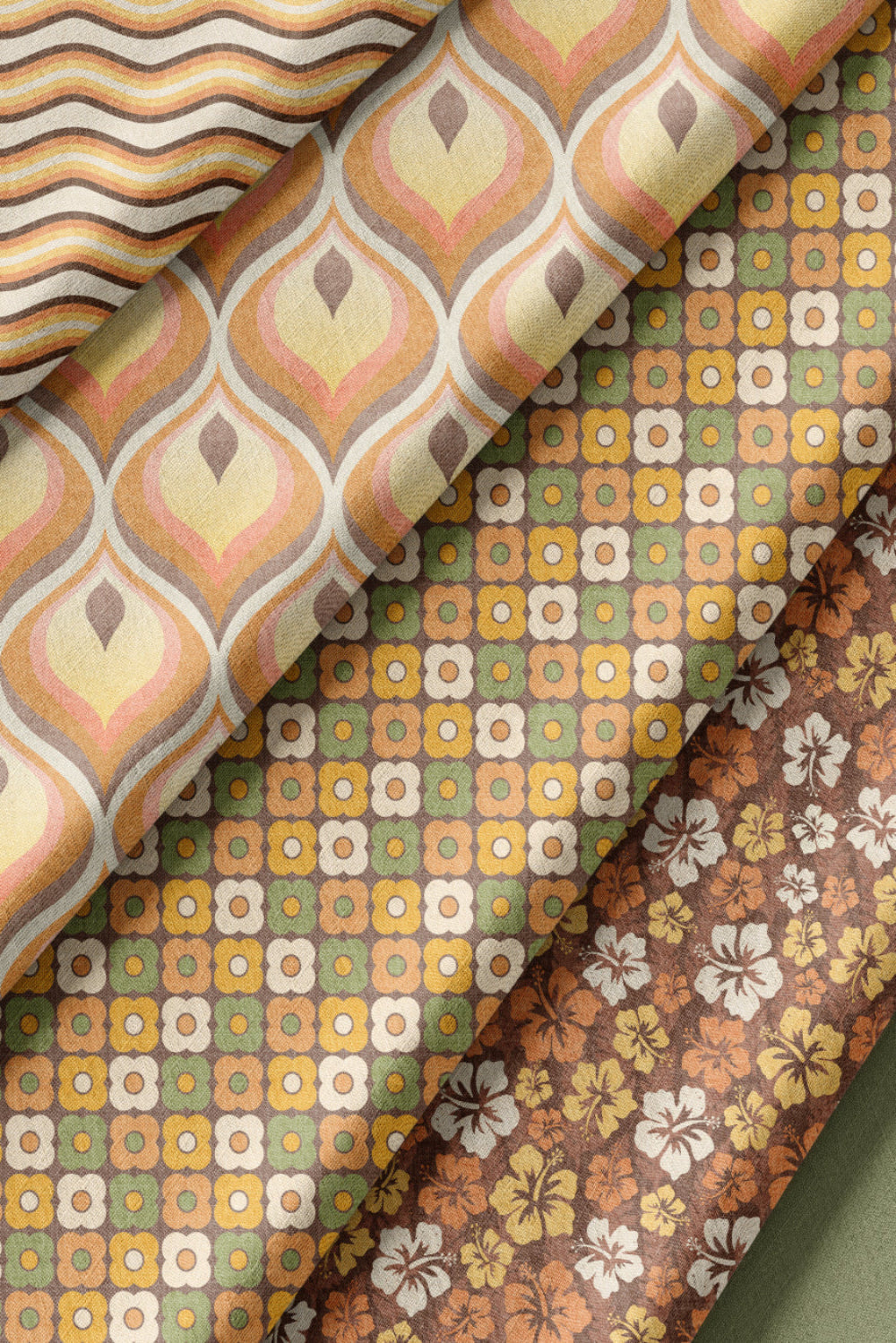 Seventies retro pattern design collection – bold geometric and floral fabrics in earthy 1970s colours, available as wallpaper and fabric from Summer Skye Studio