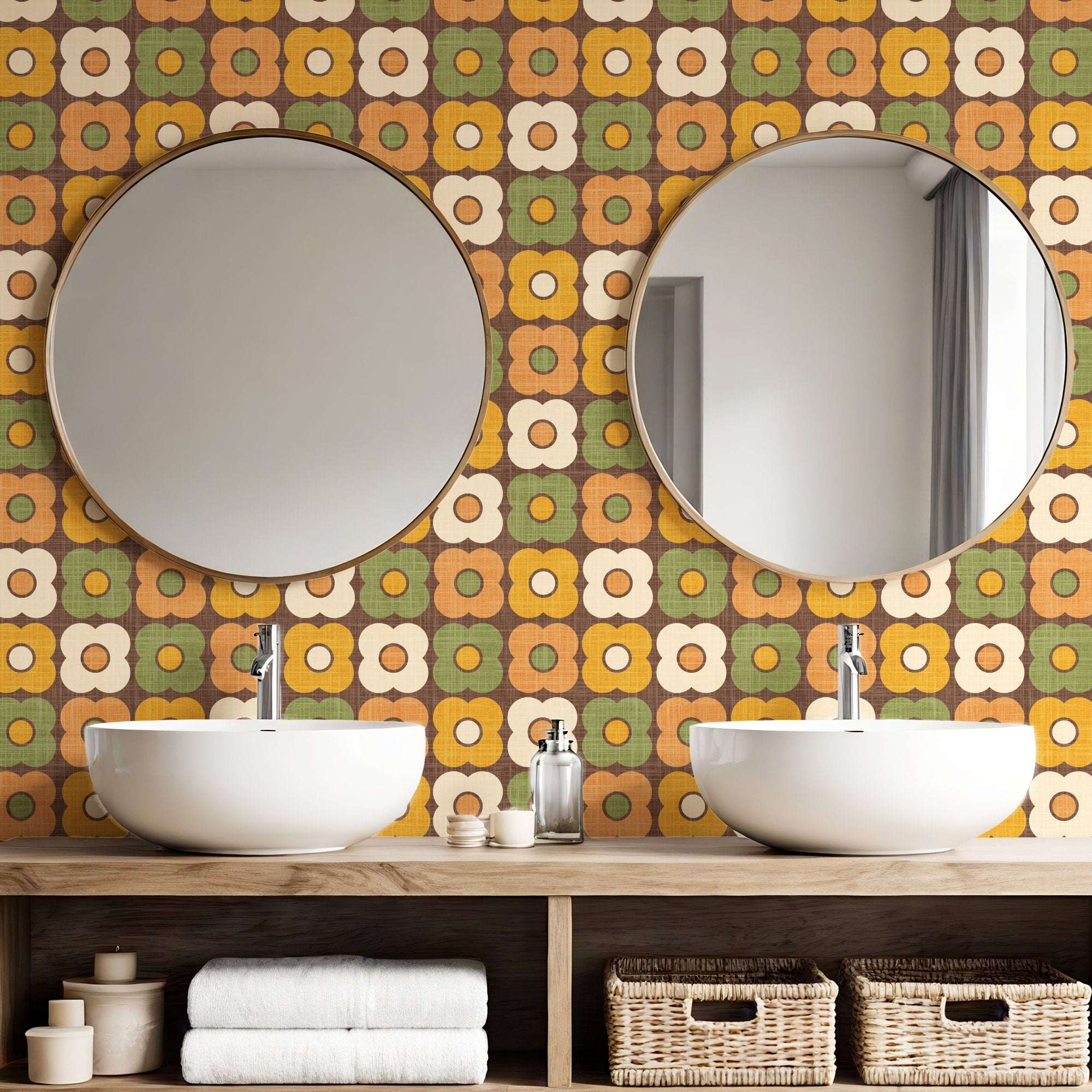 Retro daisy circle pattern wallpaper with green, orange, navy and white repeats.