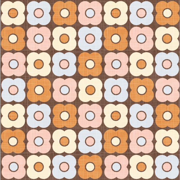 Pattern of 70s retro colorful flowers on a brown background