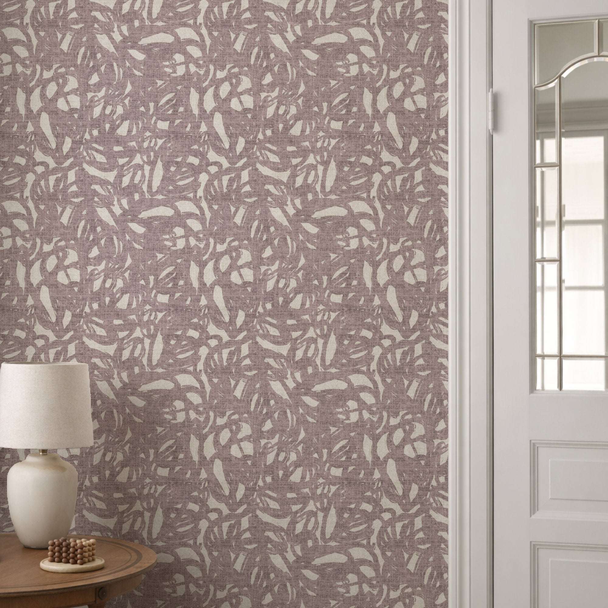 Mauve abstract brushstroke wallpaper with lighter irregular strokes, all-over pattern