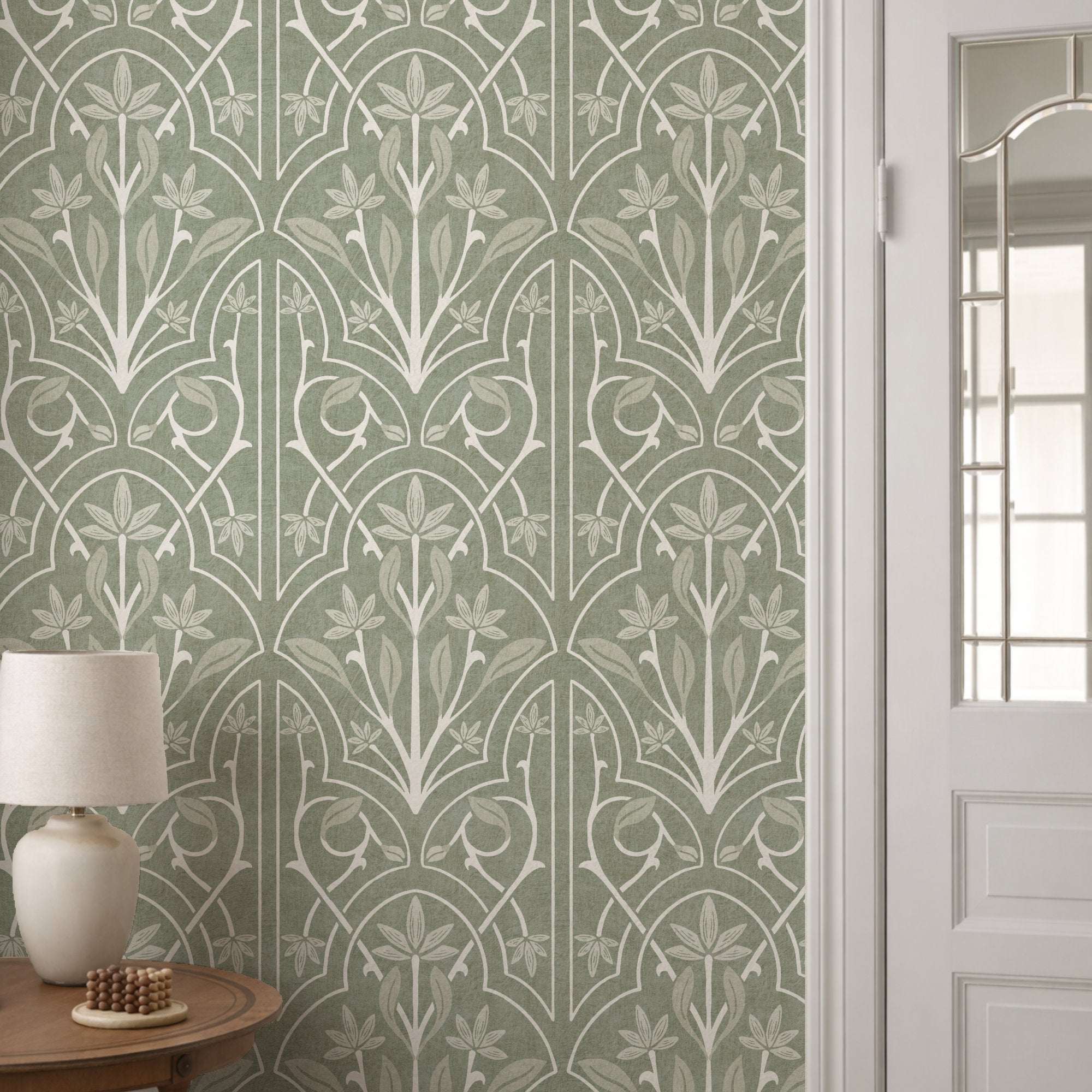 Green floral trellis wallpaper with repeating leaf fan and vine trellis pattern
