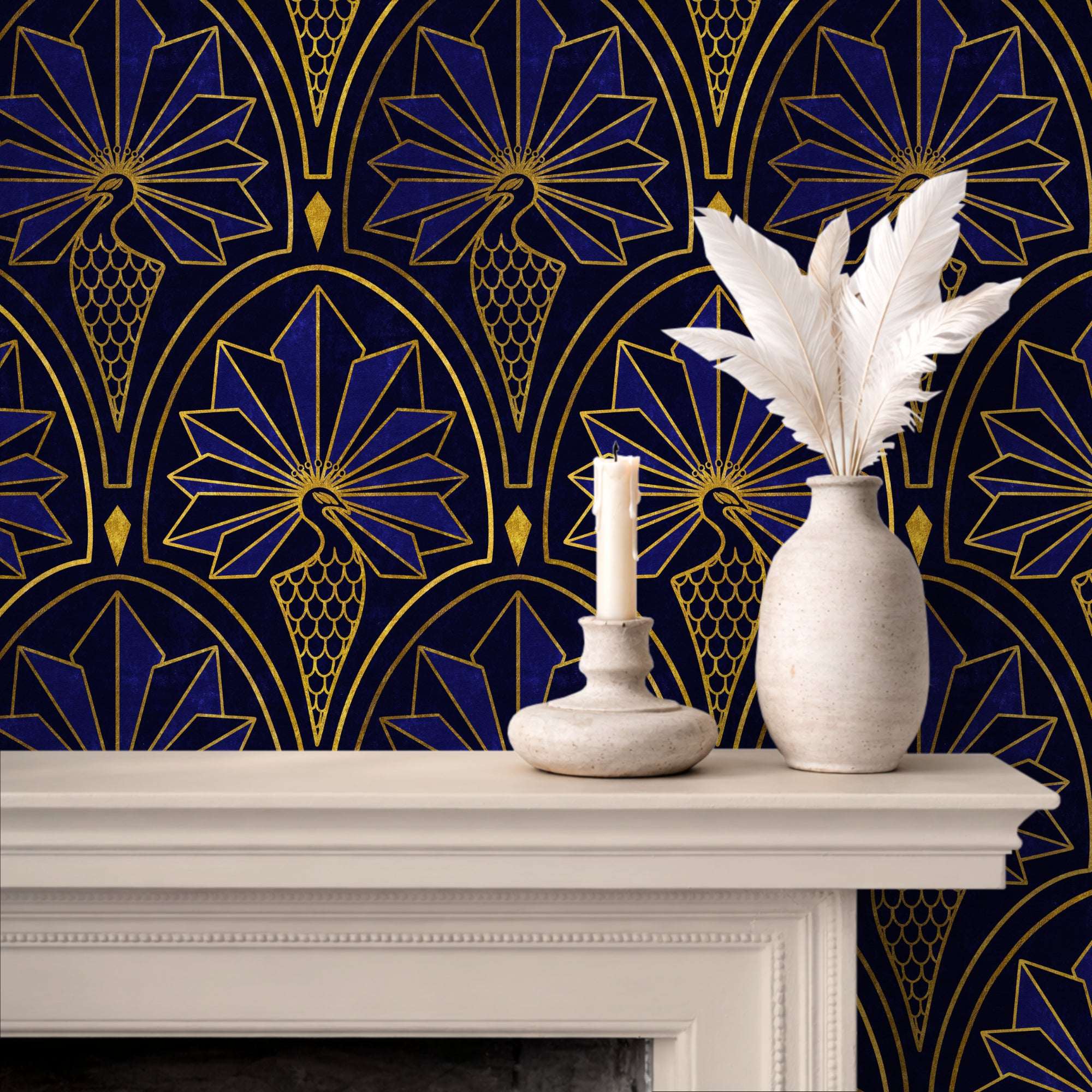 Peacock feather art deco wallpaper with gold geometric fans and deep navy background