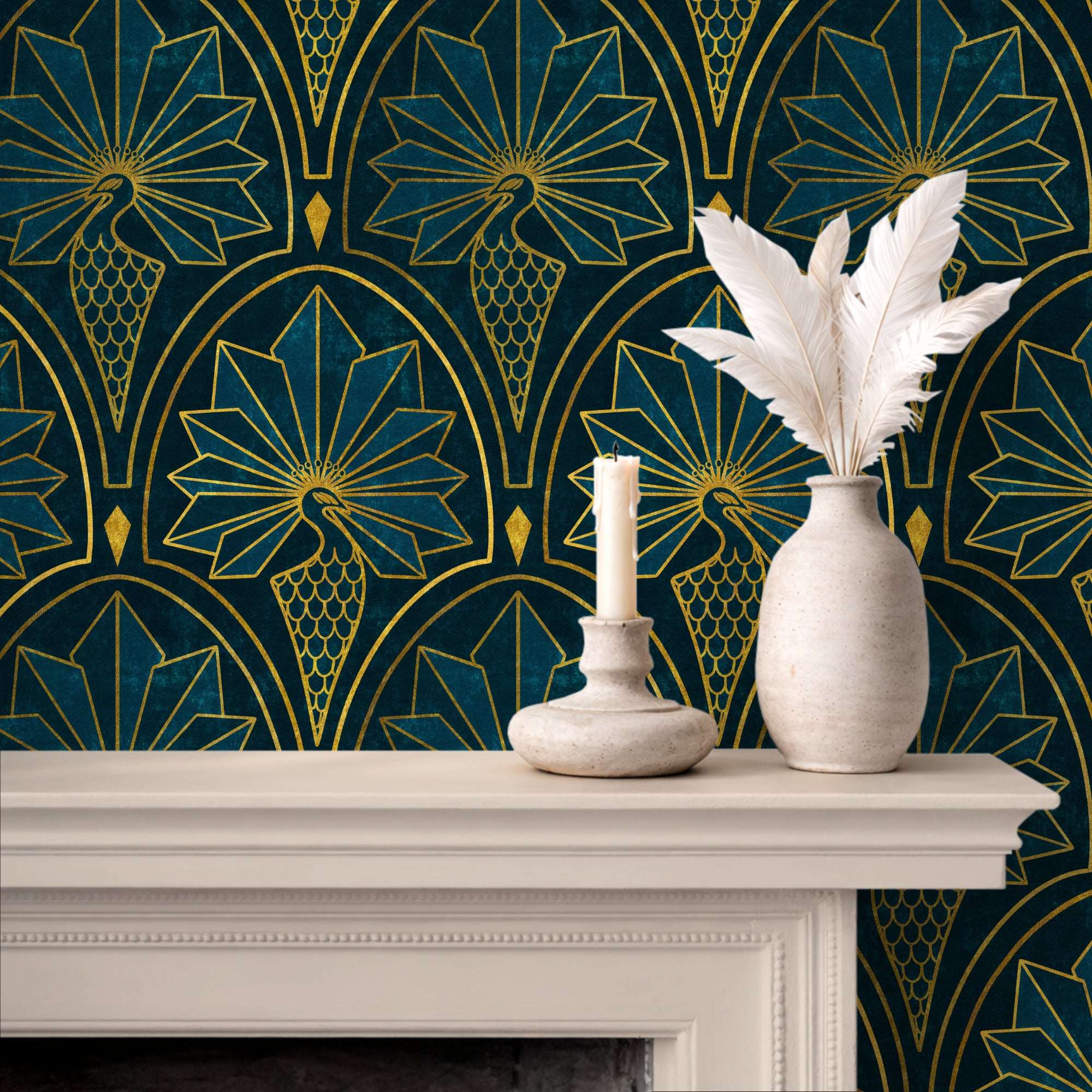 Peacock feather art deco wallpaper with gold geometric fans and teal-toned background