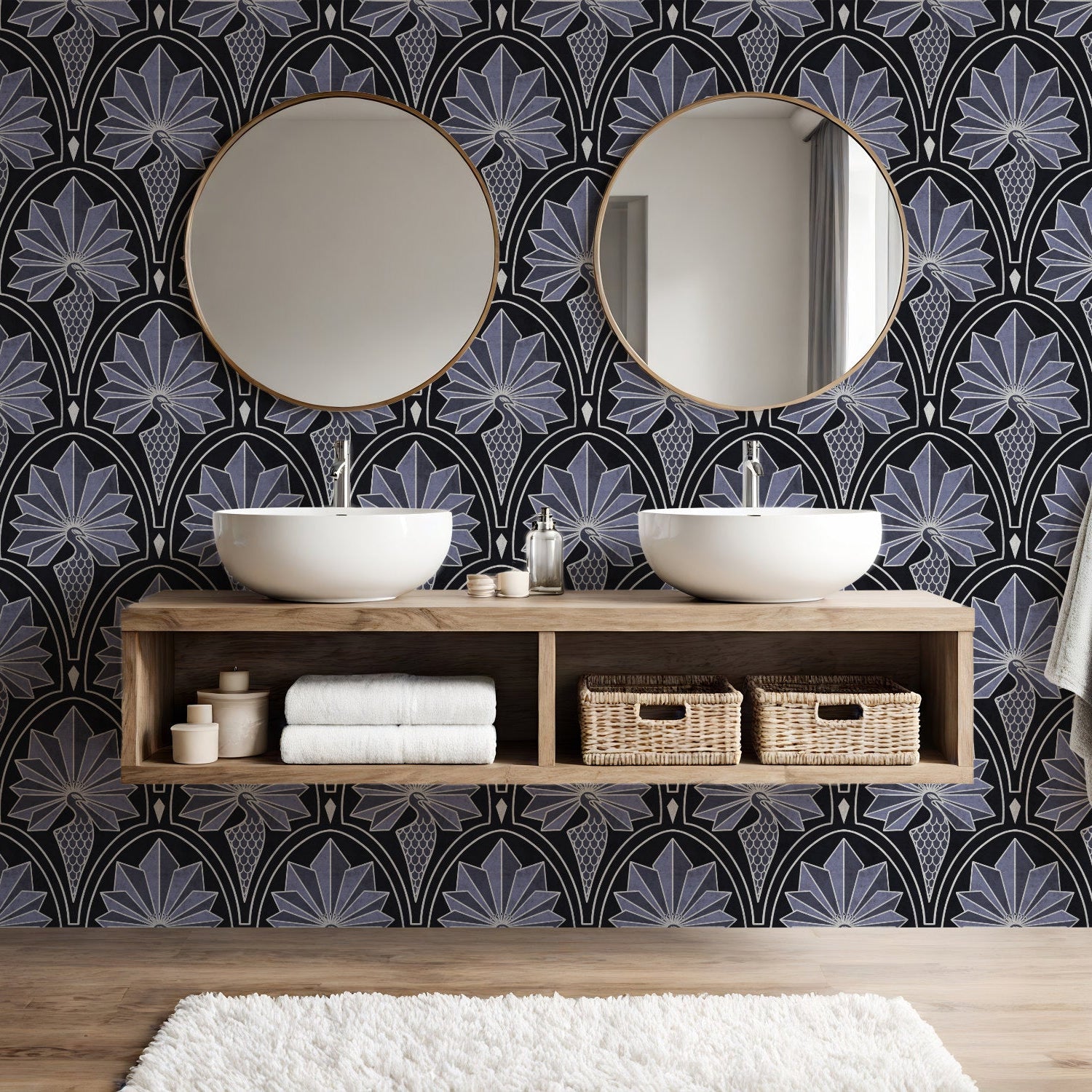 Art decp peacock wallpaper in black and silver hung in a bathroom with a his and hers sink