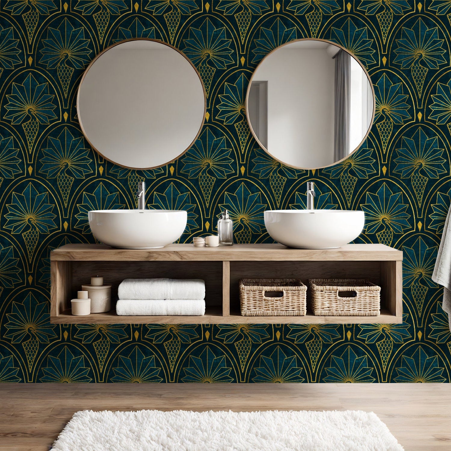 Art deco peacock wallpaper in teal and gold hung in a bathroom with a his and hers sink