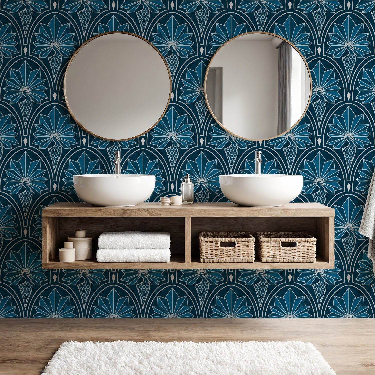 Art decp peacock wallpaper in teal and silver hung in a bathroom with a his and hers sink