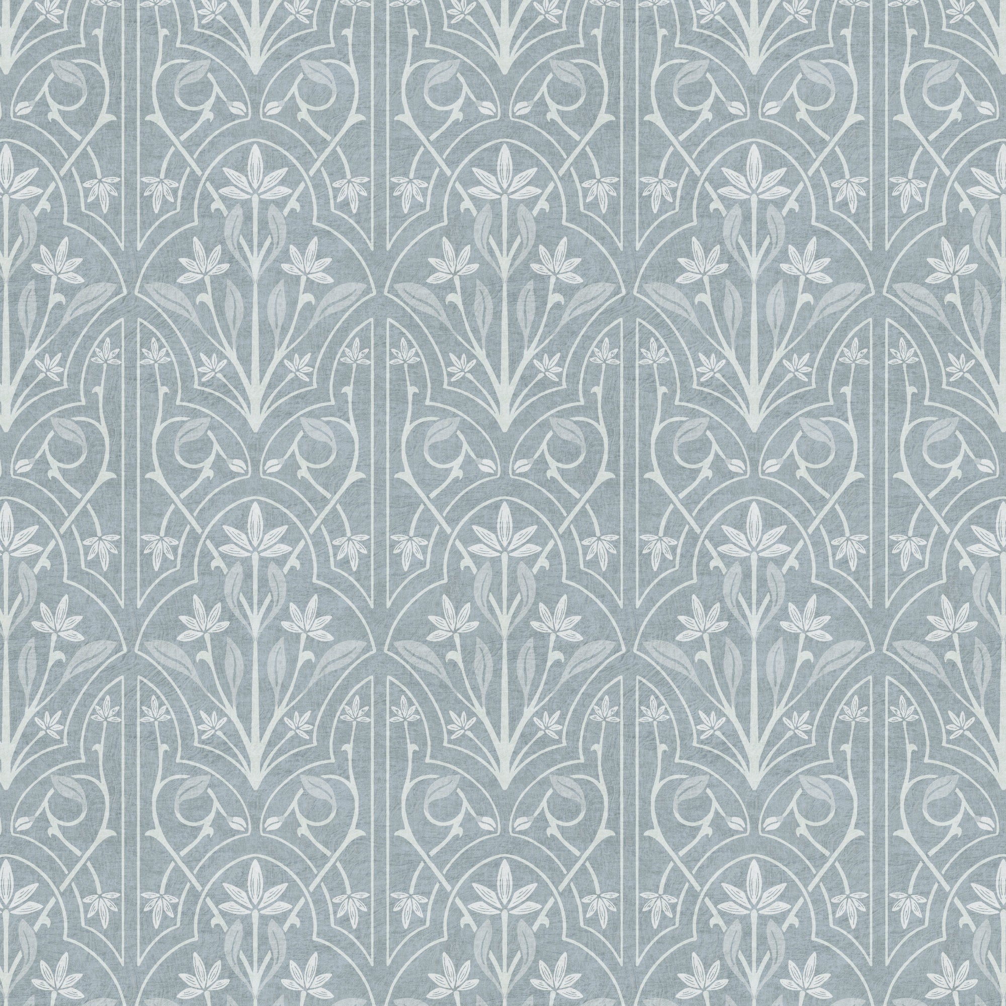 Blue and White Art Nouveau Trellis Wallpaper featuring delicate floral patterns in a soft blue background, embodying a modern floral design.