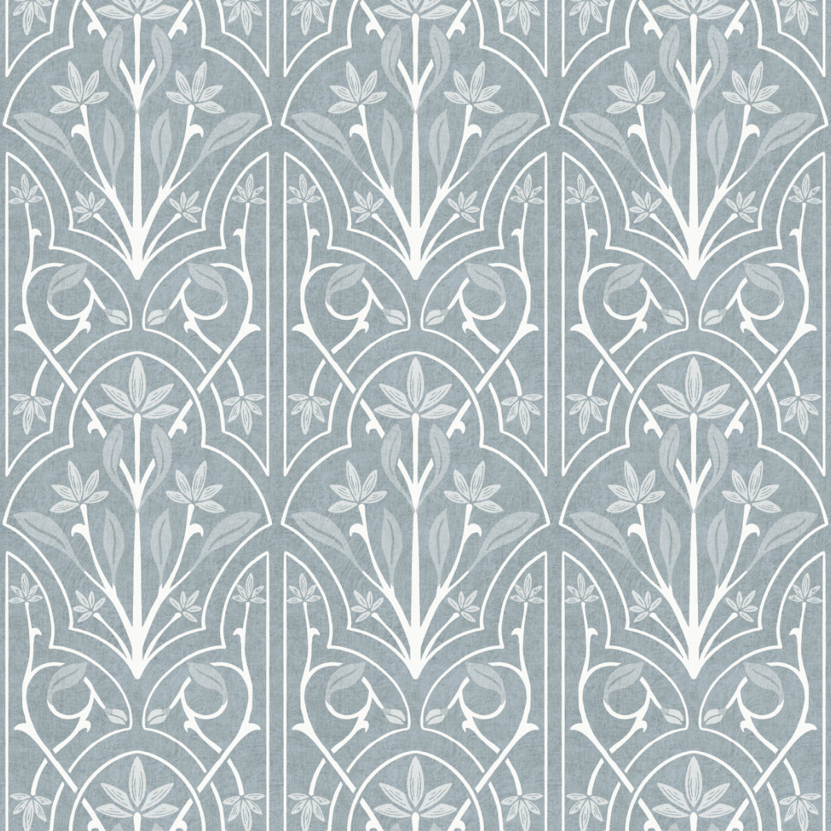 Decorative art nouveau pattern with floral elements on a light blue gray background