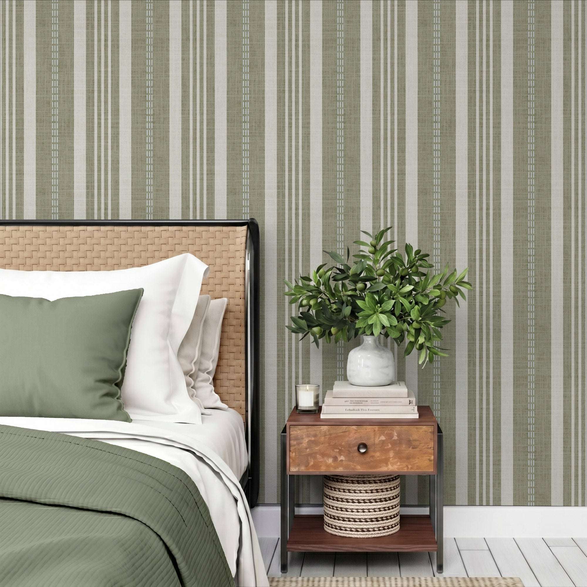 Vertical ticking stripe wallpaper with sage green, cream, and slim white lines in repeating columns