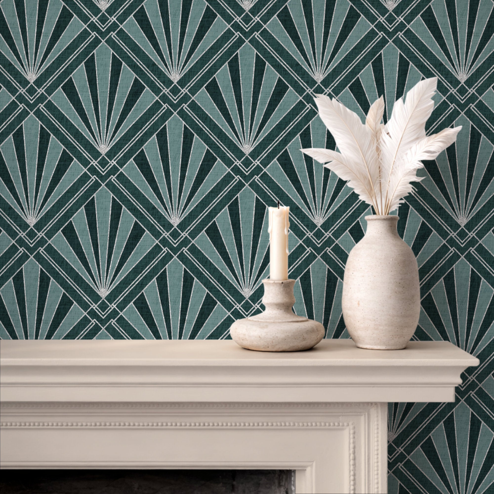 Geometric sunburst wallpaper panel with teal background and silver fan-diamond lattice