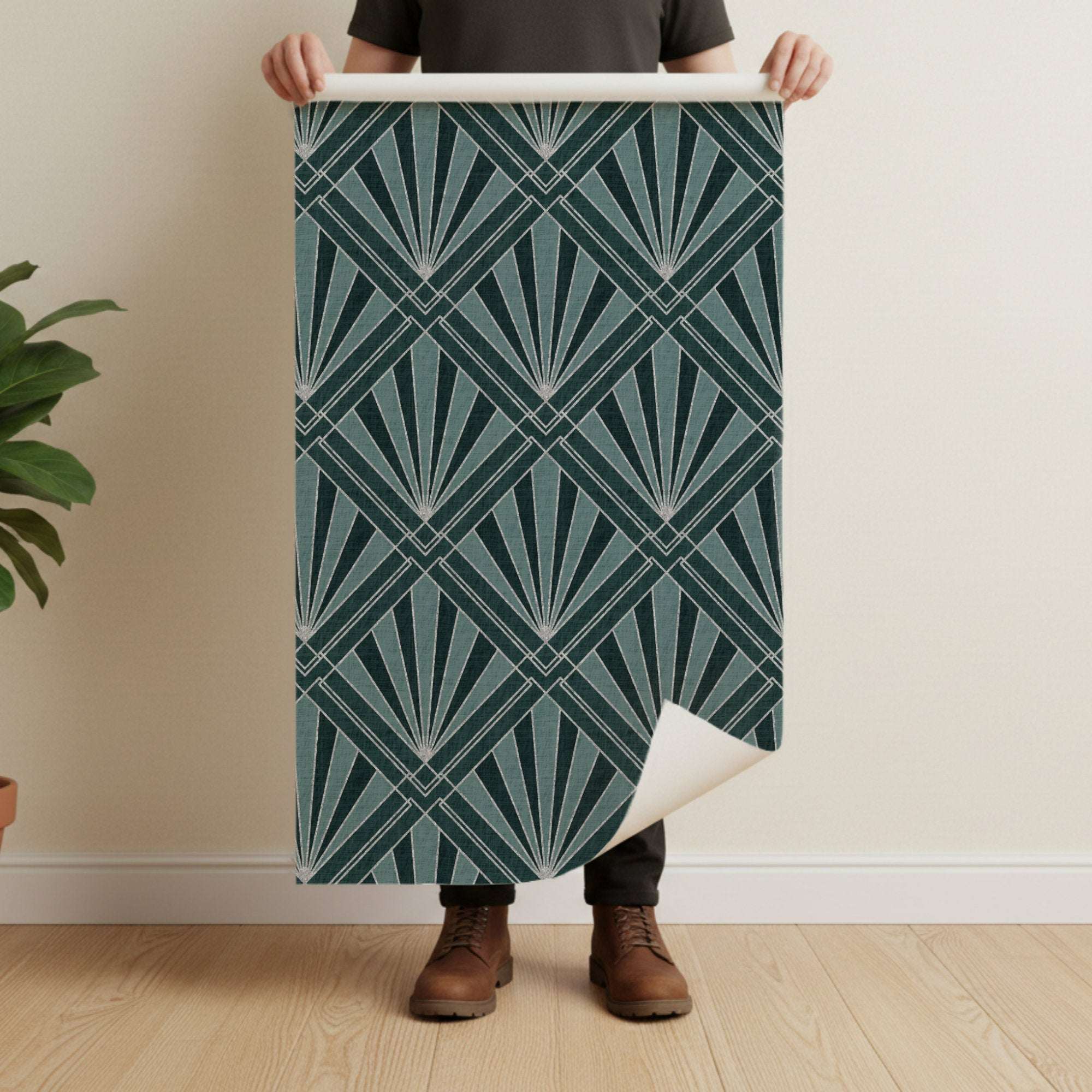 Teal geometric sunburst wallpaper sheet with silver fan rays and diamond lattice