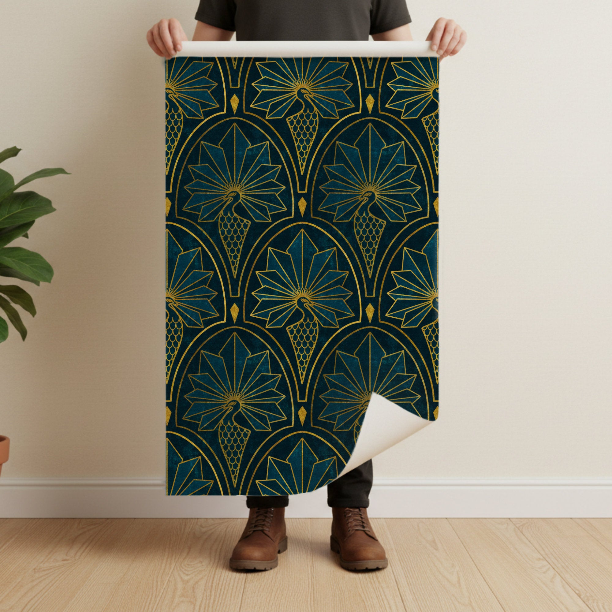 Art Deco Peacock Wallpaper: Gold and Silver 1920s Gatsby Deisgn