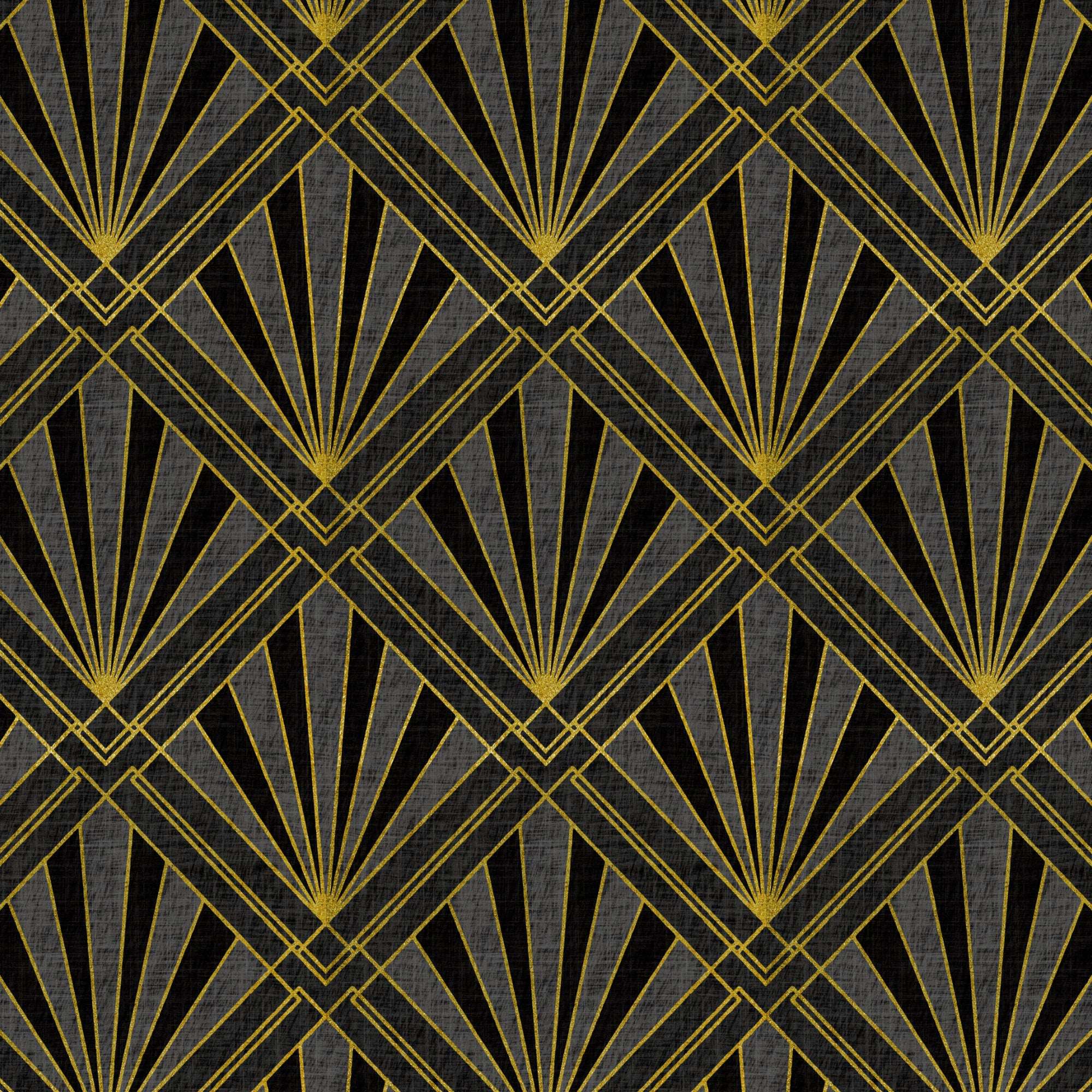 Geometric art deco wallpaper pattern with gold sunburst rays and diamond crosshatch on dark ground