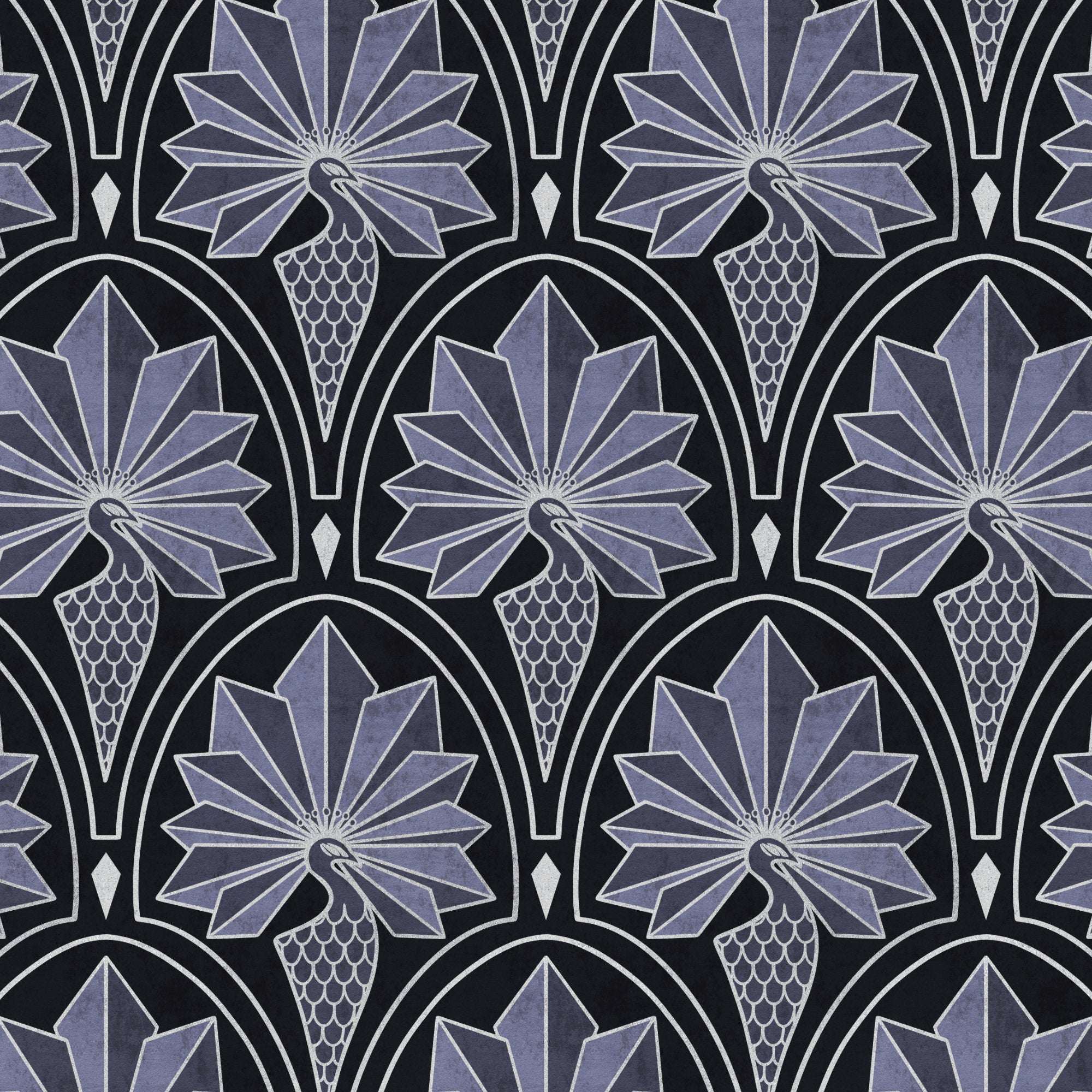 Art Deco wallpaper with peacock feather and fan motifs on dark background with light gray accents.
