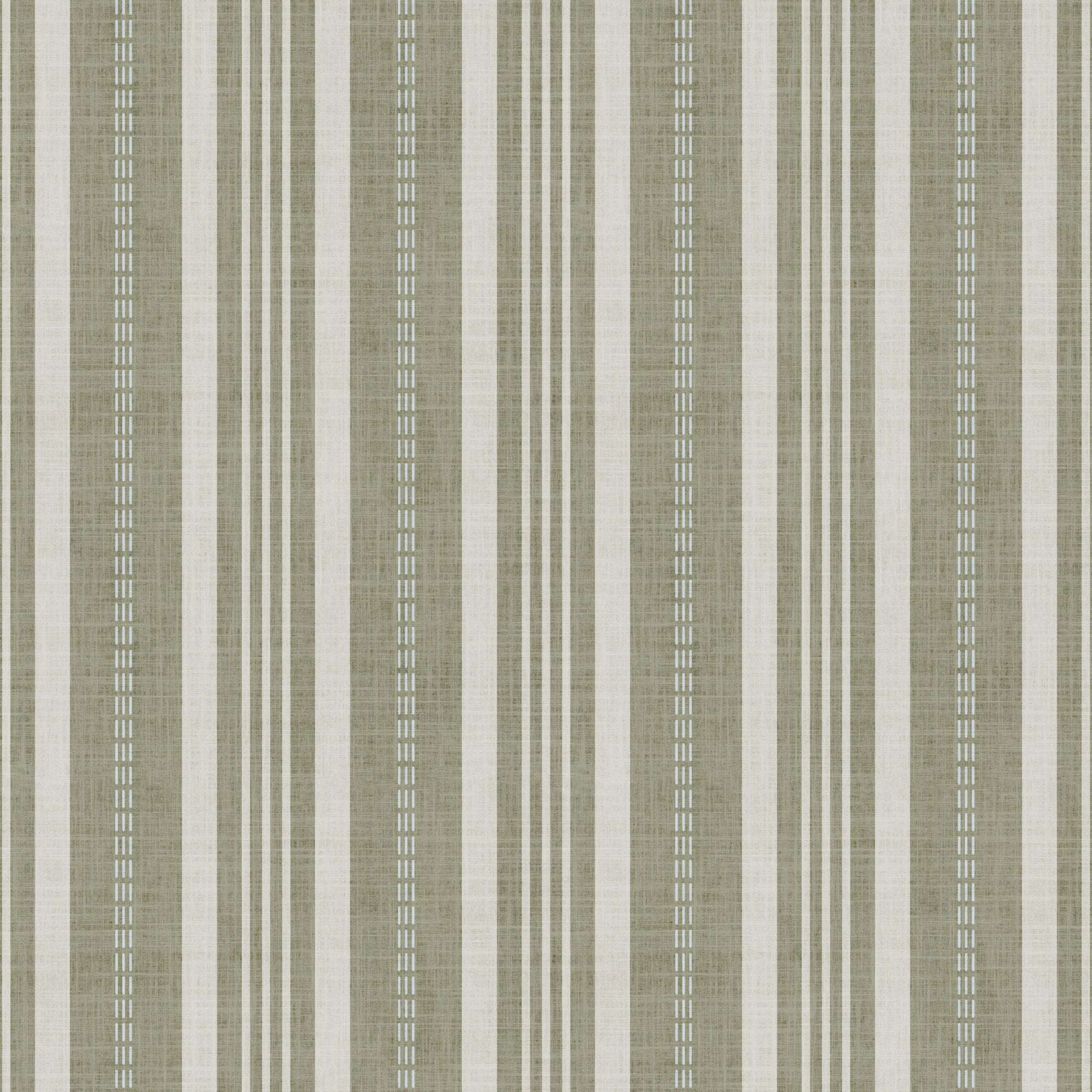 Close-up vertical ticking stripe wallpaper pattern in sage green and cream with dotted accents