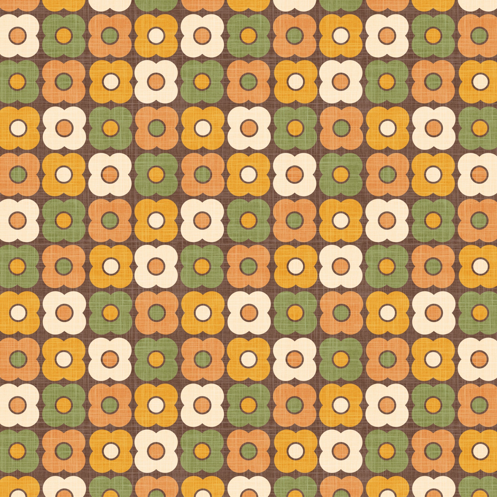 Retro daisy circle pattern wallpaper close-up with green, orange, white and dark repeats.