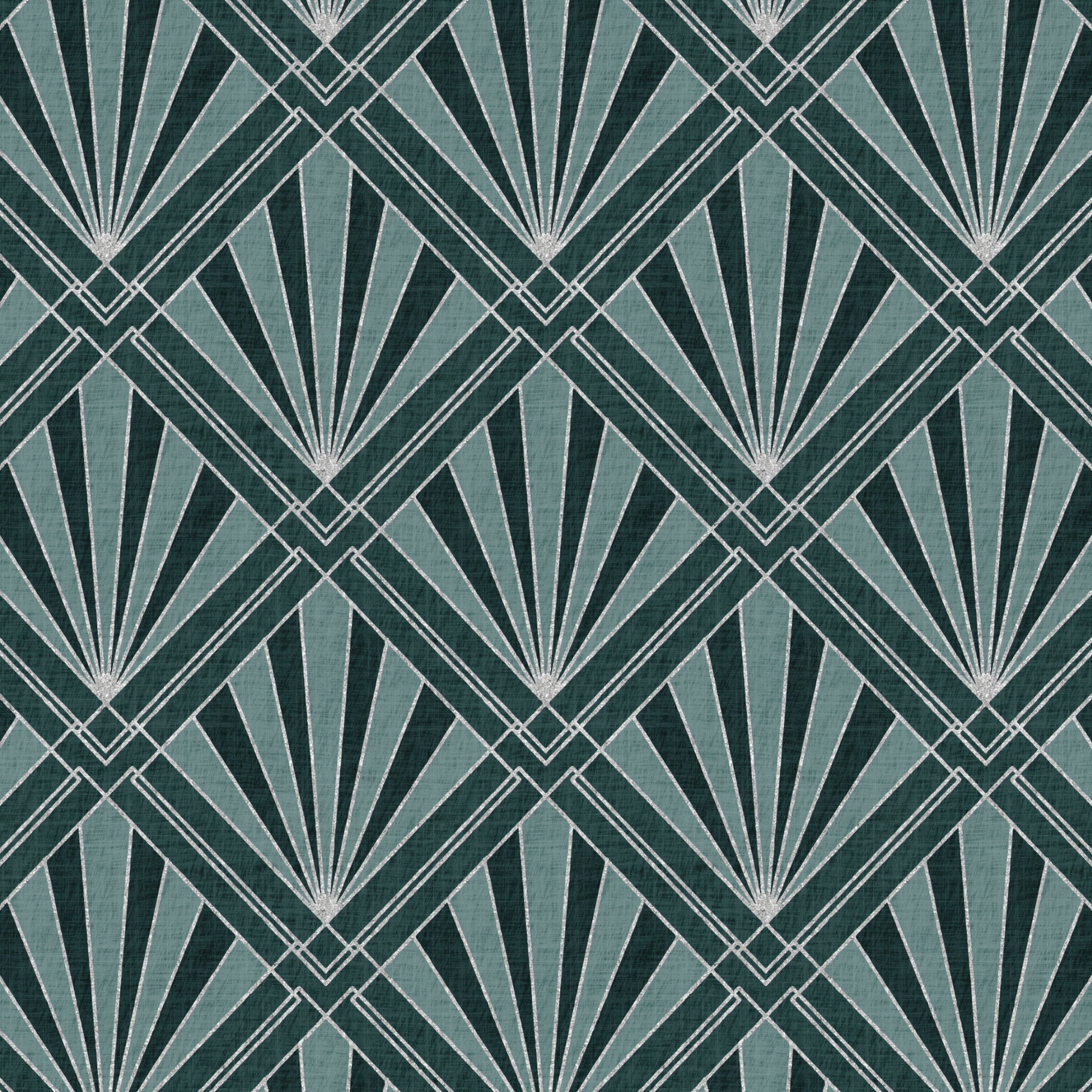 Teal geometric wallpaper with silver fan rays, diamond lattice, and repeating sunburst motif