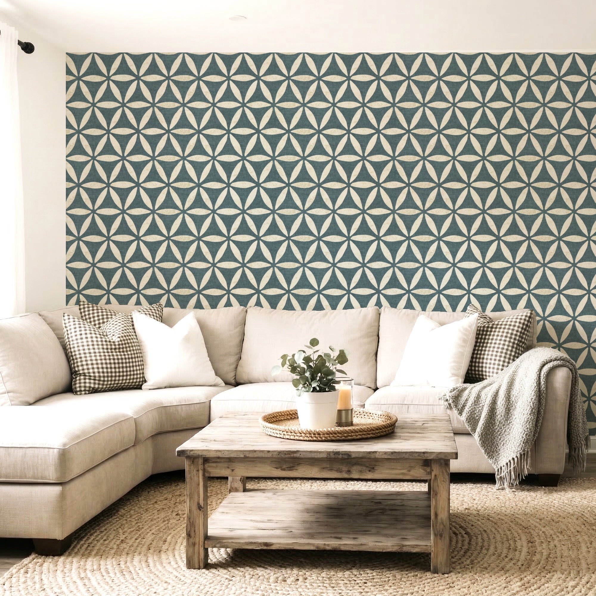 Geometric circle wallpaper on wall, teal and cream linen-like texture repeating ring motif