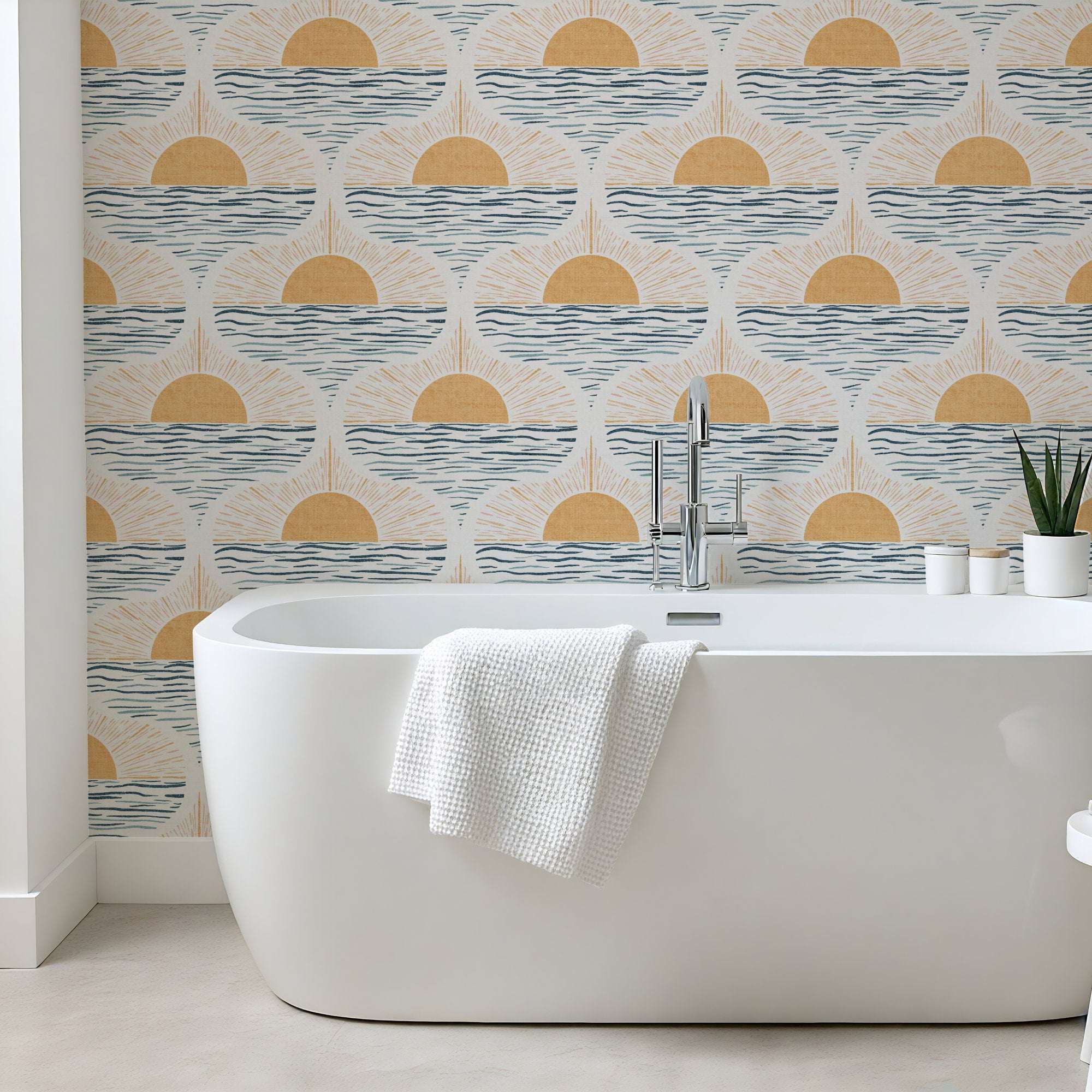 Sun and sea wallpaper on wall with repeating golden suns and blue wave bands