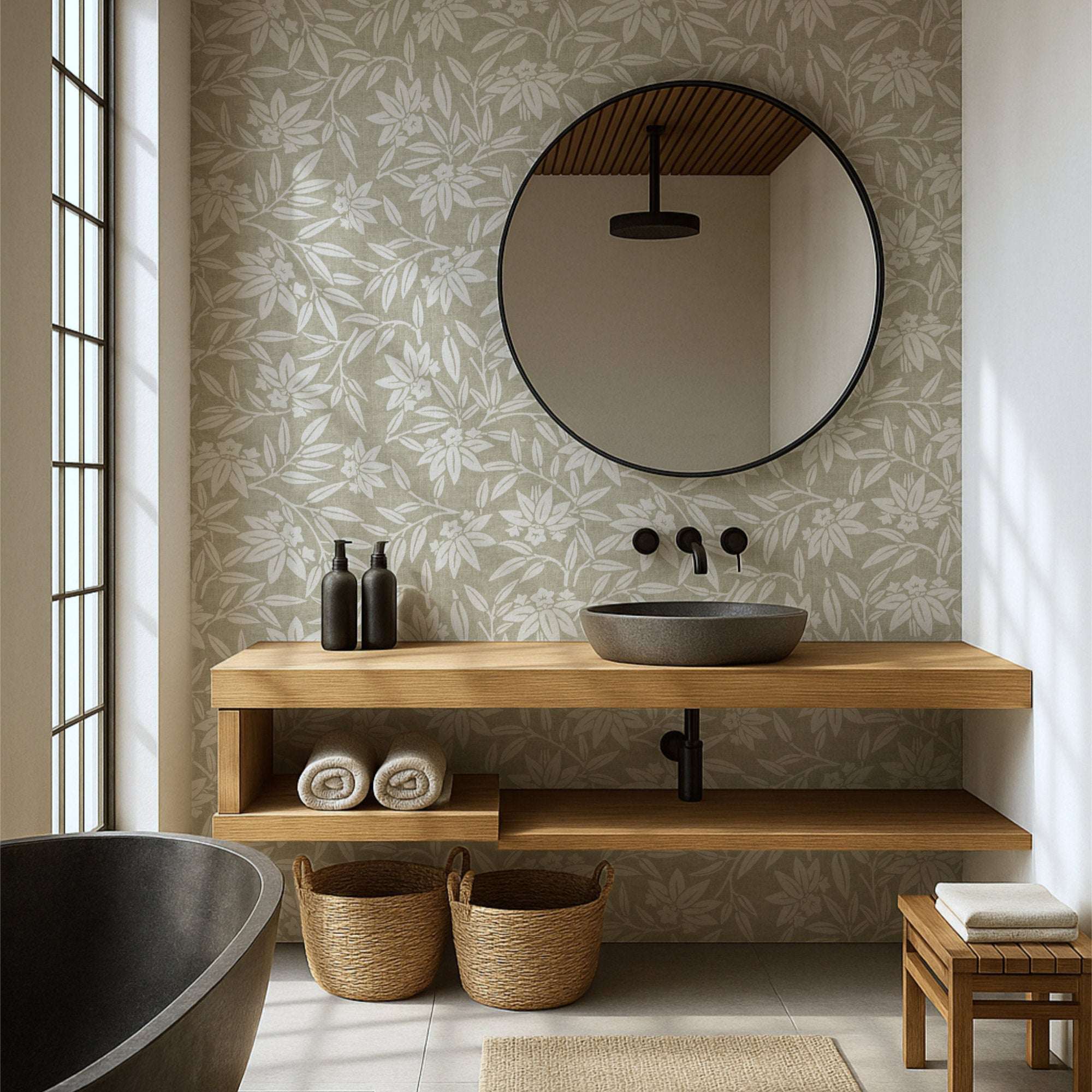 Botanical leaf wallpaper on wall, repeating cream sprigs and small blossoms pattern