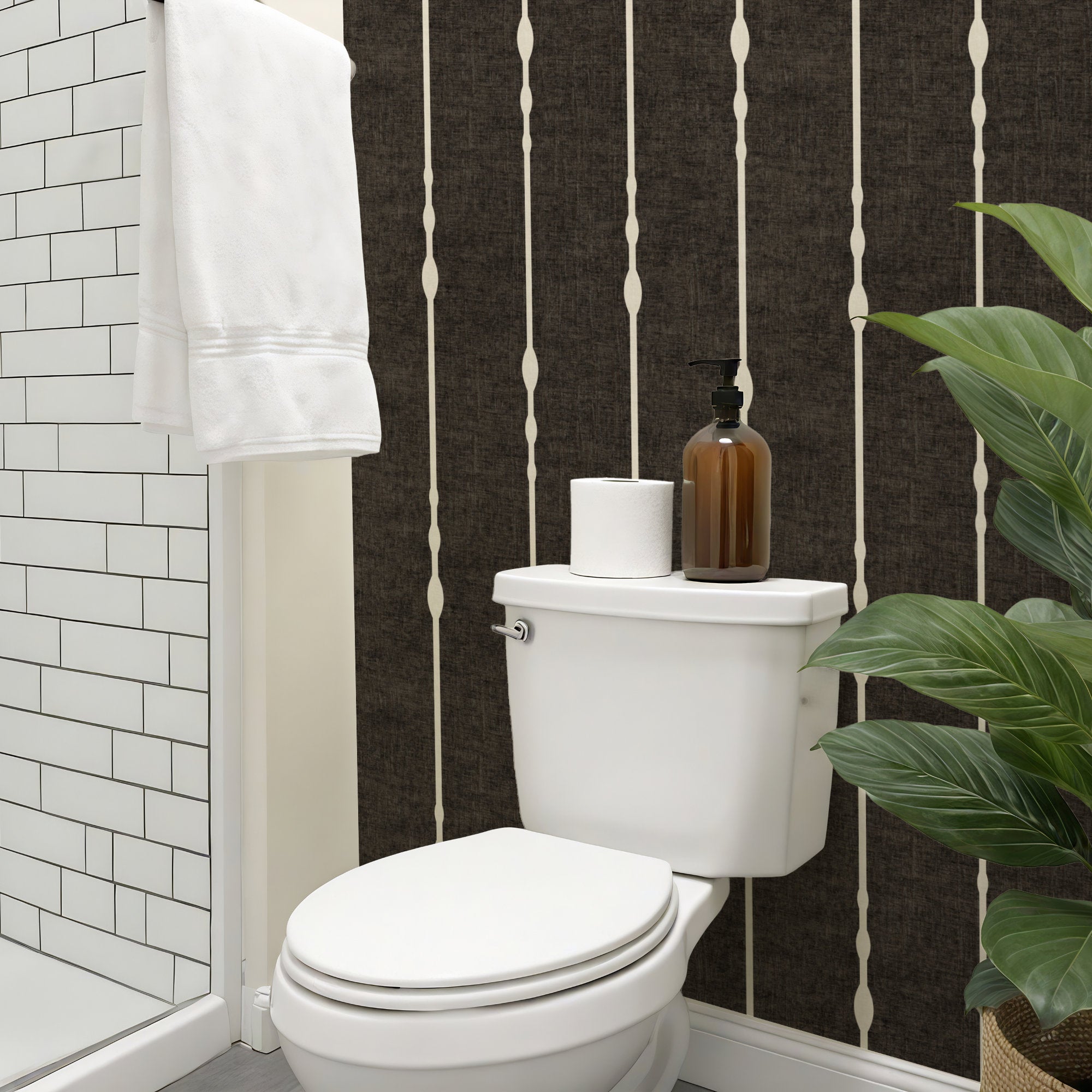 Black and white Vertical striped wallpaper featuring thin beaded stripes in a modern bathroom setting.