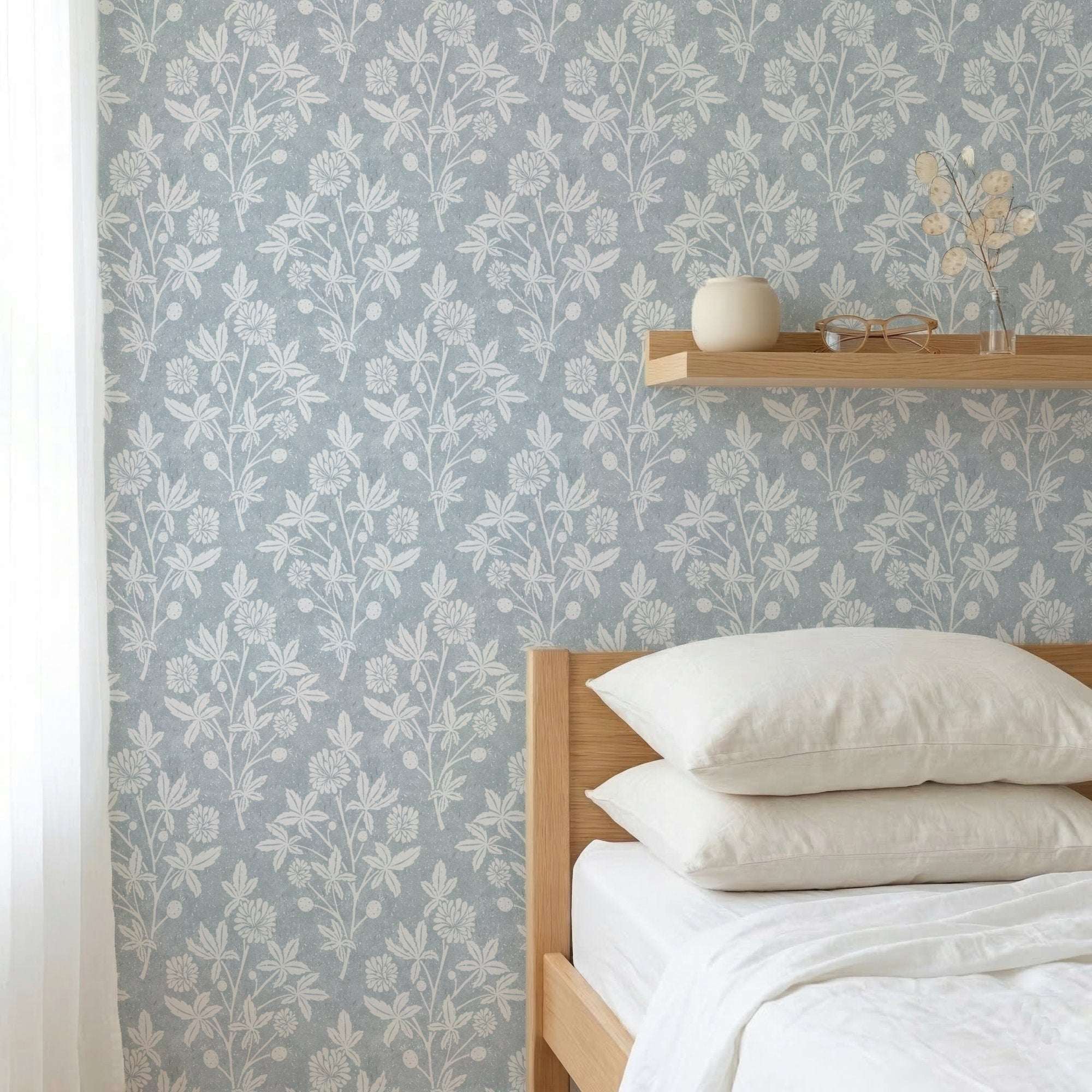 Botanical floral wallpaper with white blossoms and berries on cool blue-gray ground