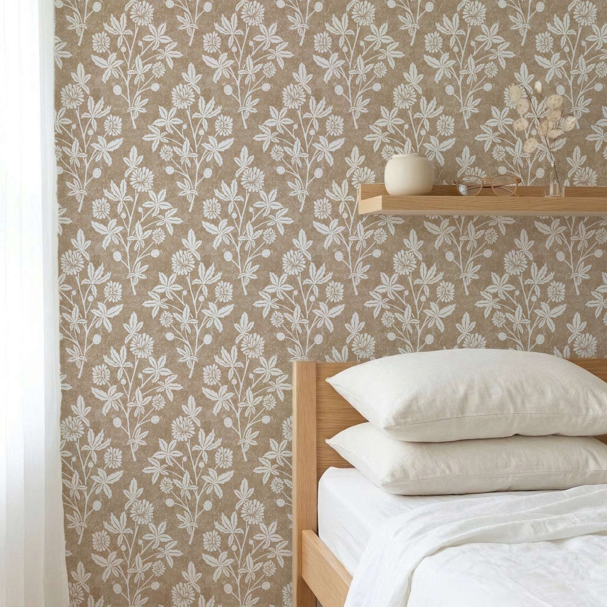 Botanical floral wallpaper with small white blossoms and berries on tan-brown ground