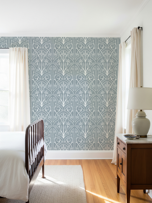 Blue Art Nouveau Trellis Floral Wallpaper – calming grey-blue design styled in a light bedroom