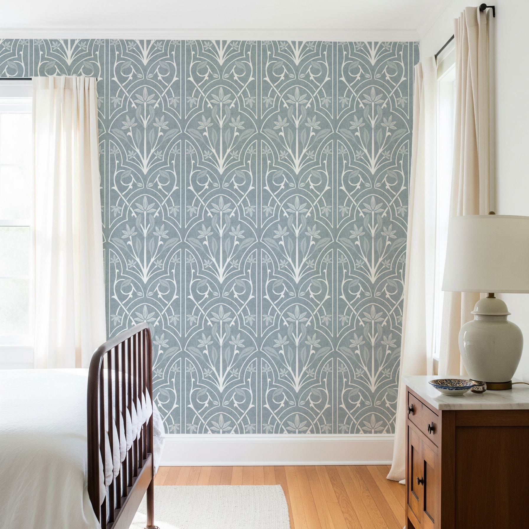 Blue Art Nouveau Trellis Floral Wallpaper – calming grey-blue design styled in a light bedroom