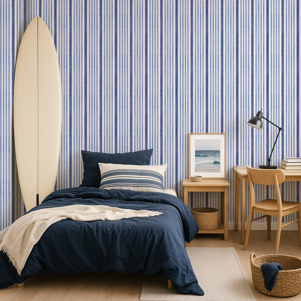Blue Striped Wallpaper – striped coastal watercolour design for teen bedroom