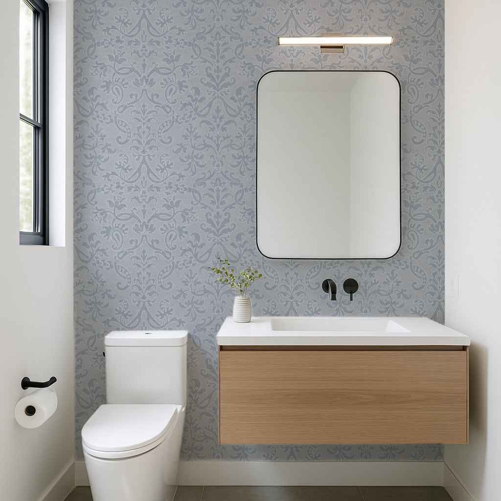 Victorian Damask Floral Wallpaper: Neutral, Pink, Blue & Green Vintage Design for Classic Interiors.