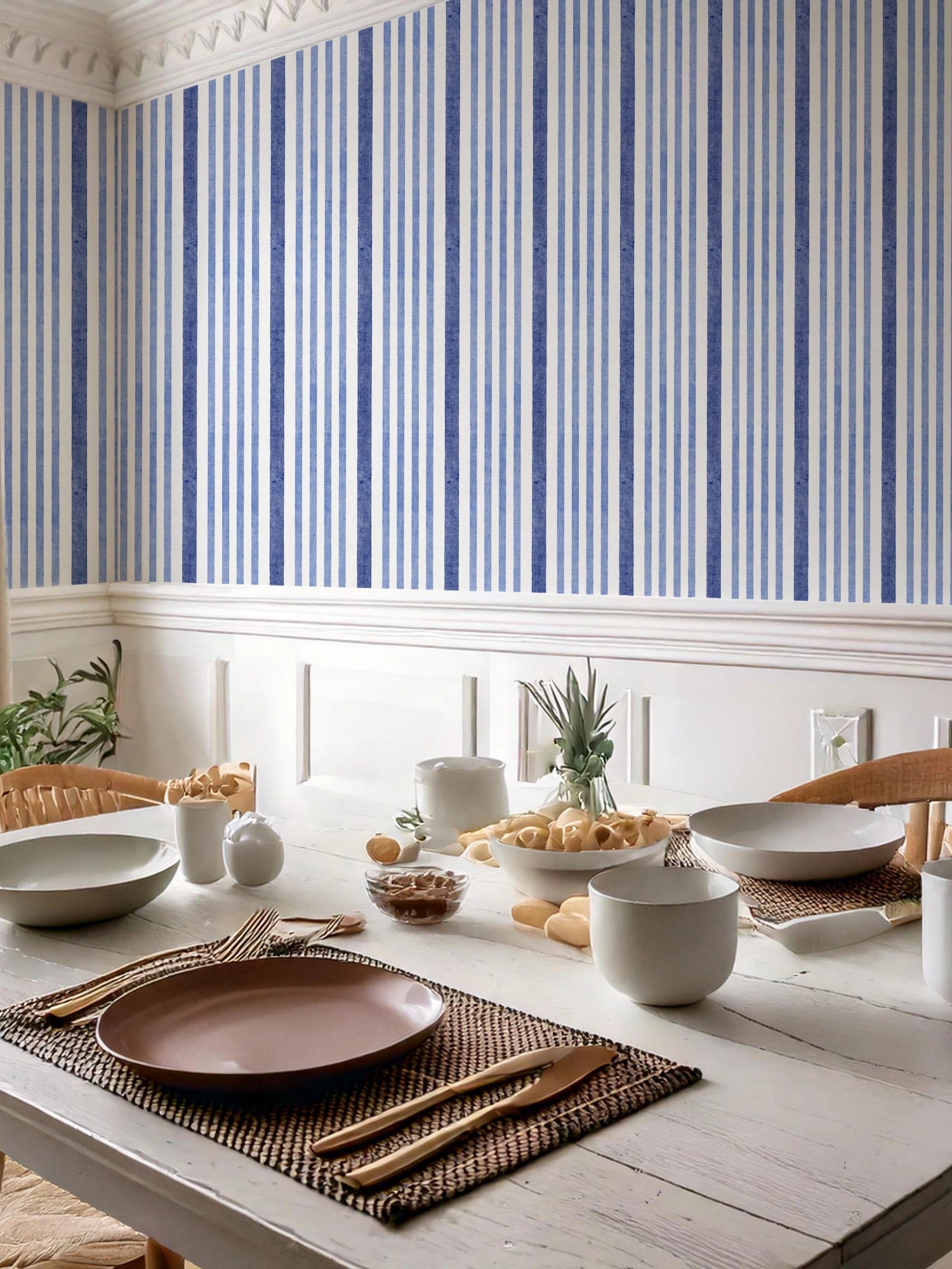 Blue and White Striped Wallpaper – coastal watercolour style in breakfast room