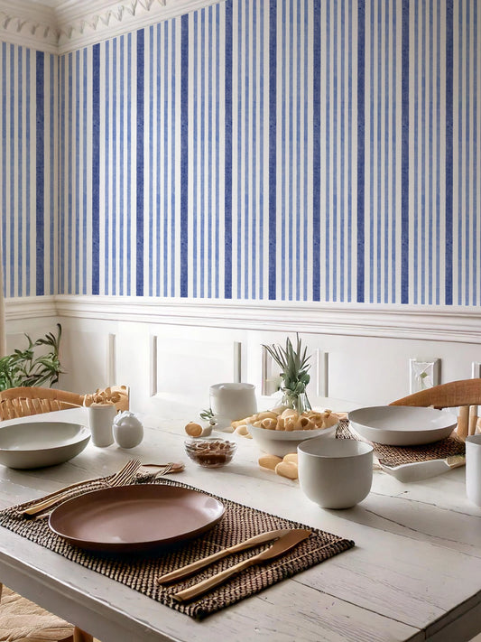 Blue and White Striped Wallpaper – coastal watercolour style in breakfast room